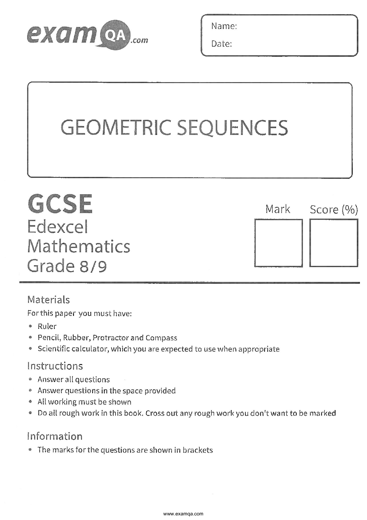 Preview image for Geometric Sequences Questions | GCSE (9-1) Mathematics Worksheet | Exam Complete Solution