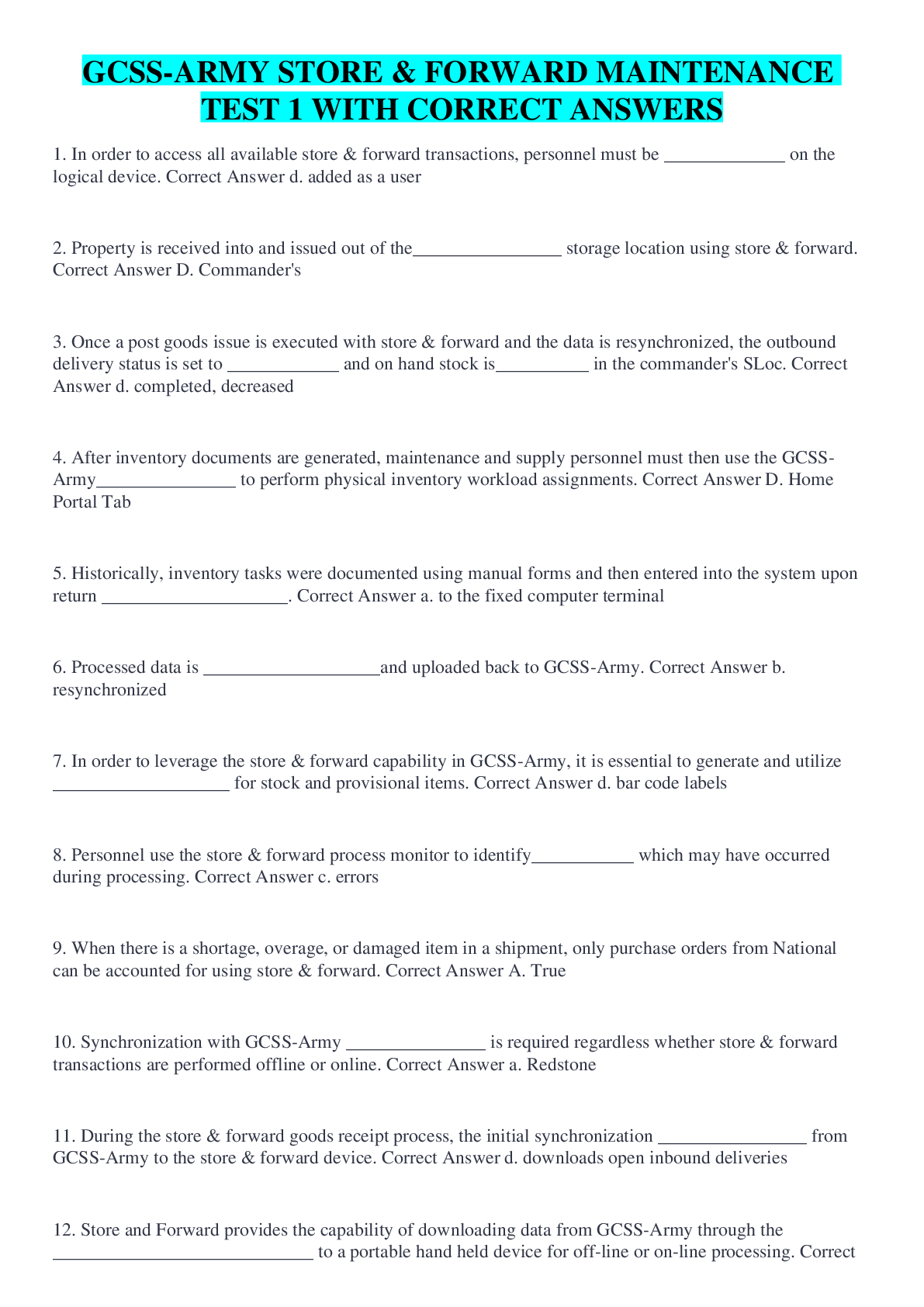 Preview image for GCSS-ARMY STORE & FORWARD MAINTENANCE TEST 1 WITH CORRECT ANSWERS