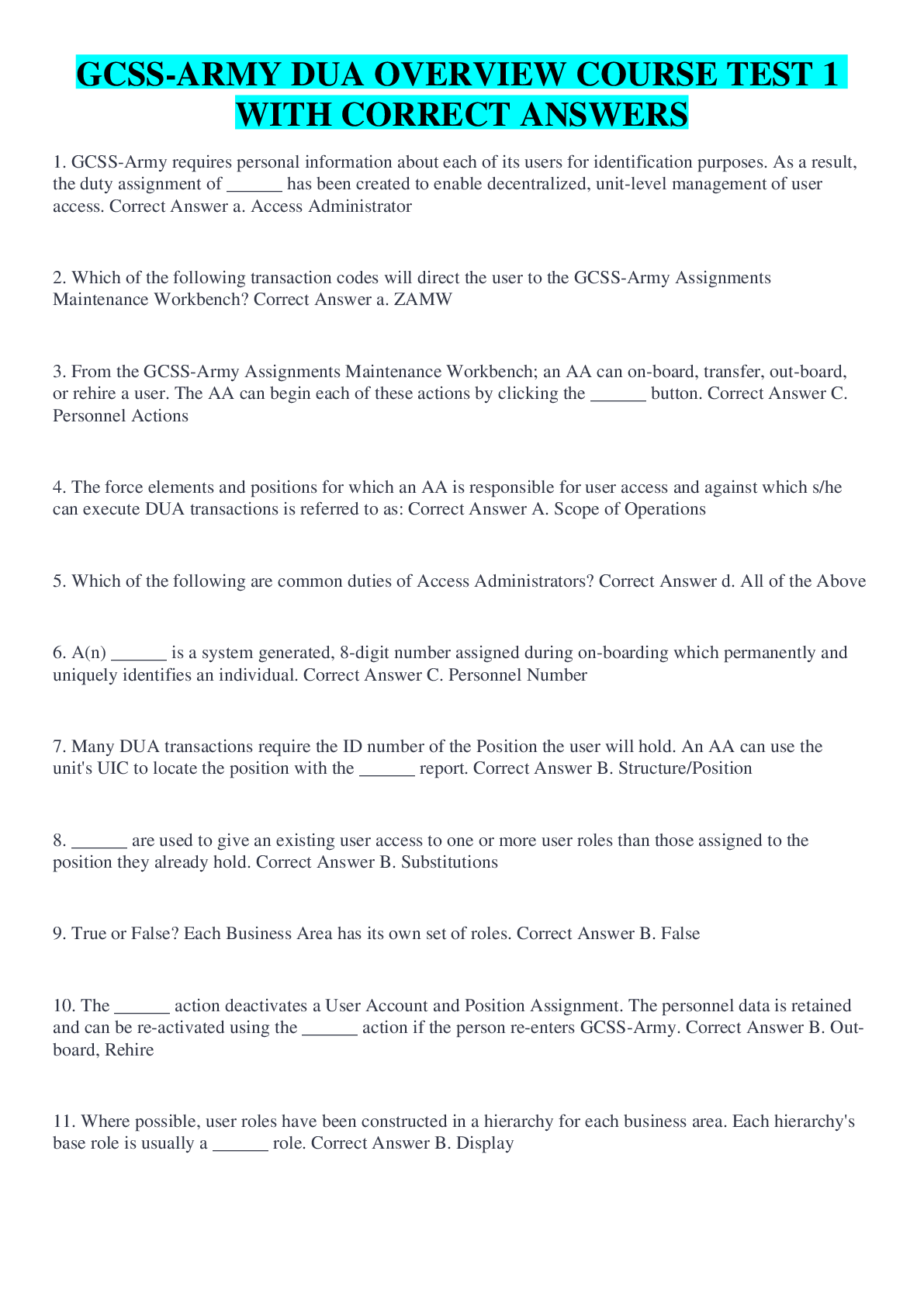 Preview image for GCSS-ARMY DUA OVERVIEW COURSE TEST 1 WITH CORRECT ANSWERS