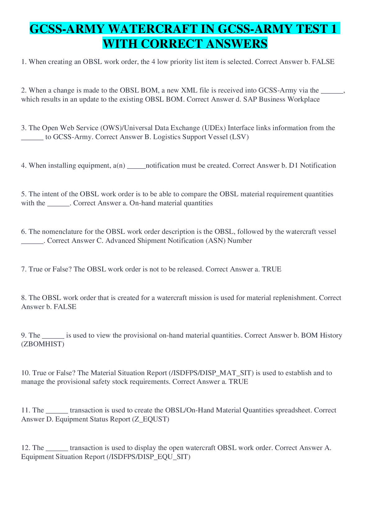 Preview image for GCSS-ARMY WATERCRAFT IN GCSS-ARMY TEST 1 WITH CORRECT ANSWERS