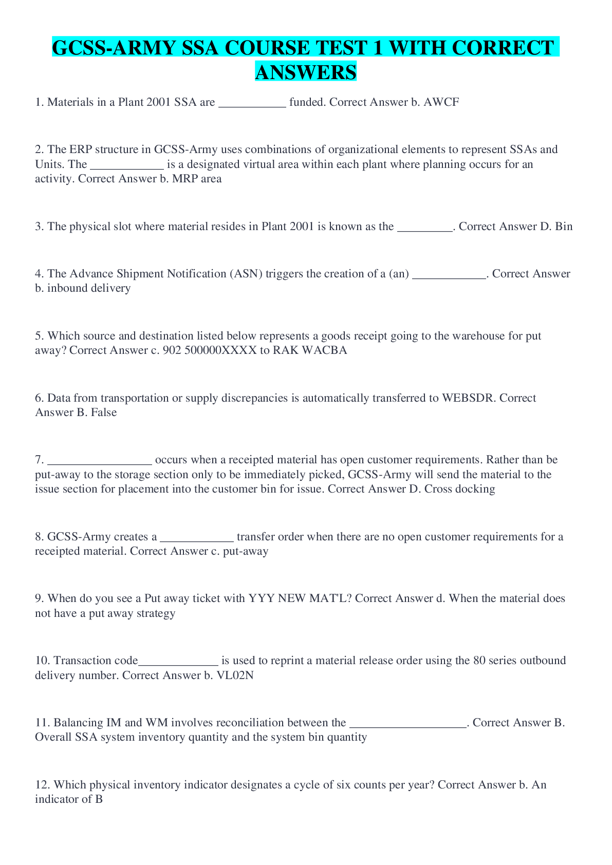 Preview image for GCSS-ARMY SSA COURSE TEST 1 WITH CORRECT ANSWERS