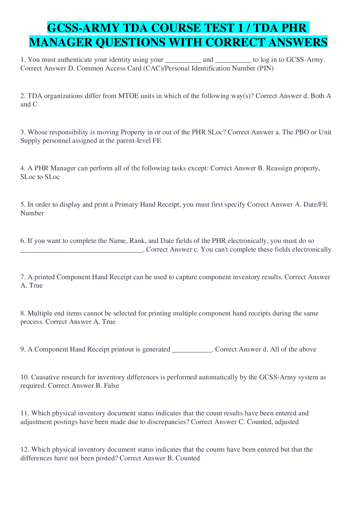 Preview image for GCSS-ARMY TDA COURSE TEST 1 / TDA PHR MANAGER QUESTIONS WITH CORRECT ANSWERS