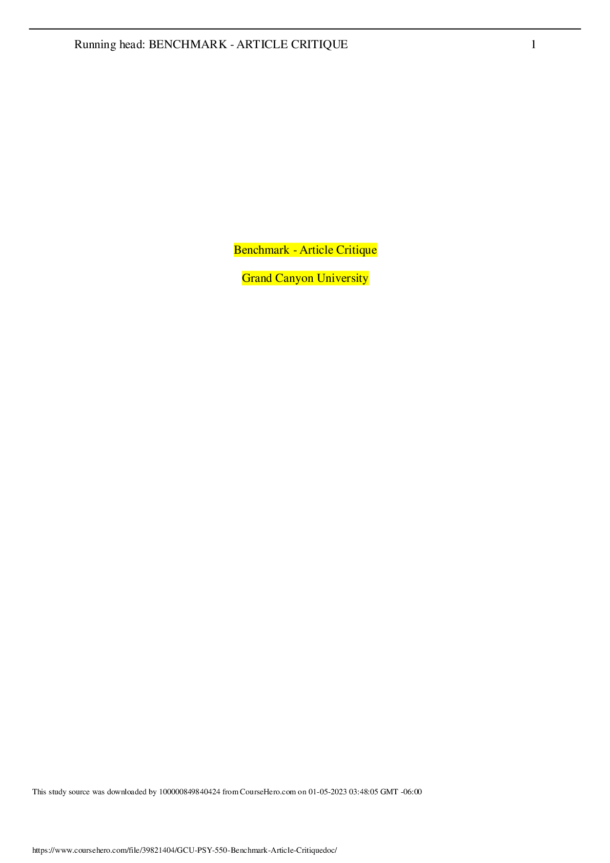 Preview image for GCU PSY 550 Benchmark - Article Critique