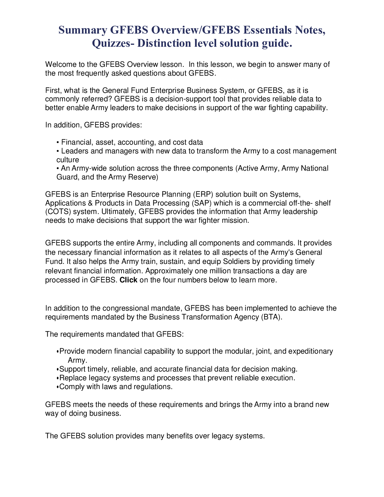 Preview image for Summary GFEBS Overview/GFEBS Essentials Notes, Quizzes- Distinction level solution guide.