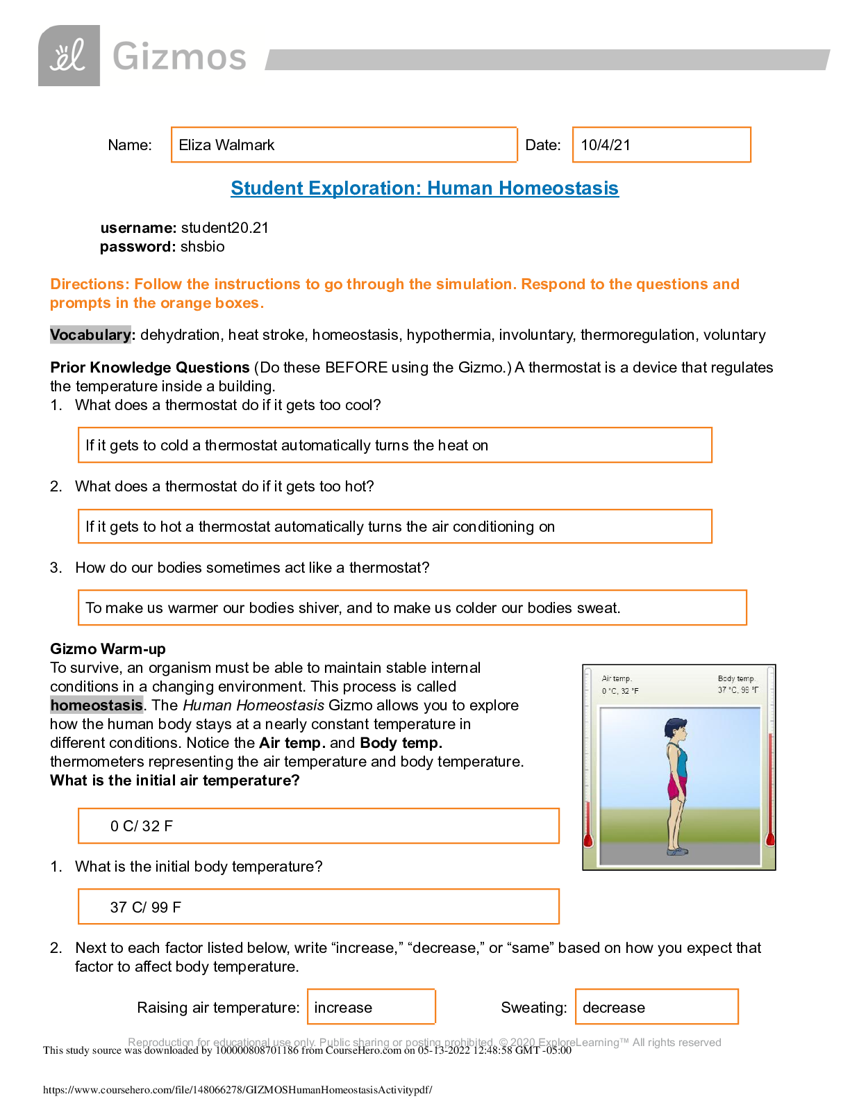 Preview image for HUMAN HOMEOSTASIS GIZMO 2022/2023 [GRADED A+]