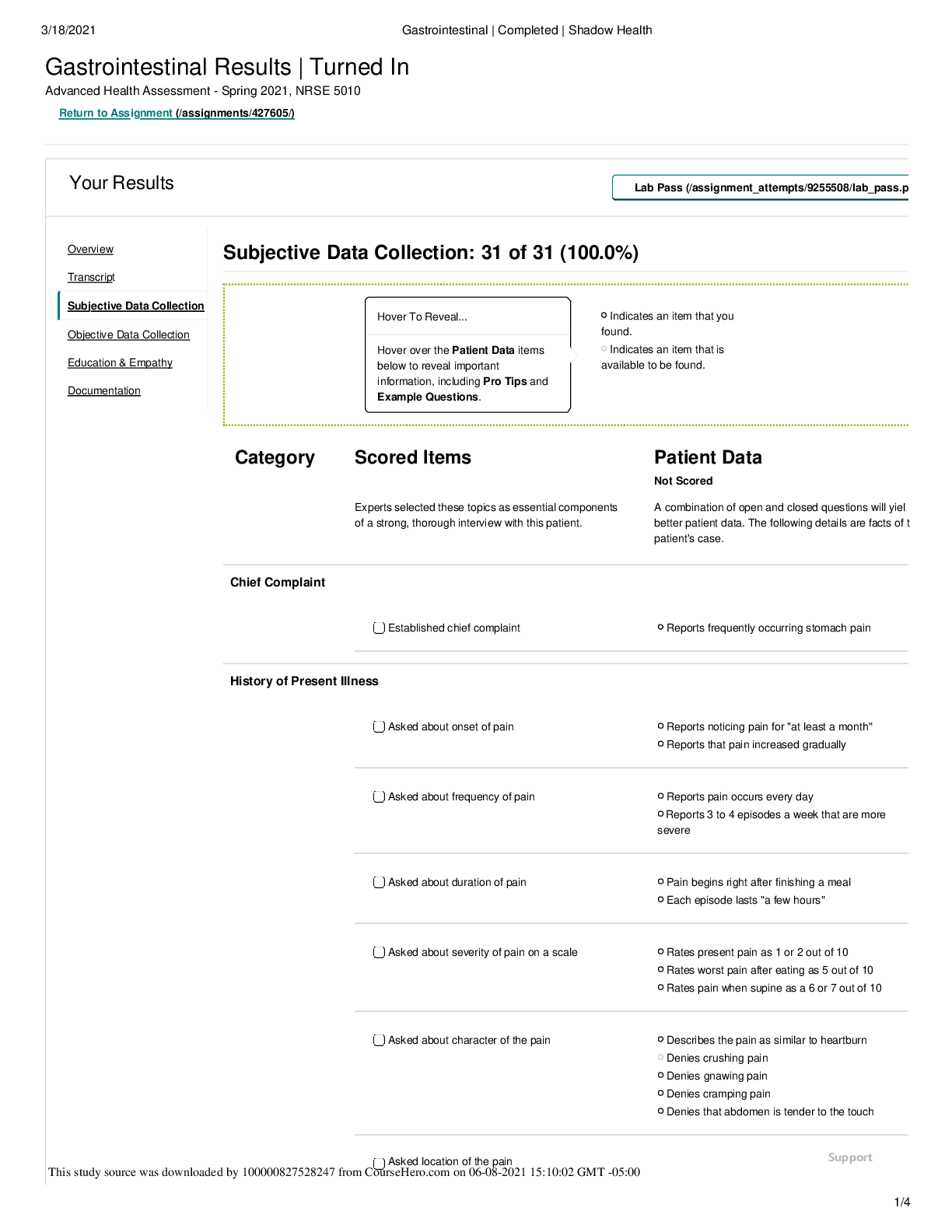 Preview image for NRSE 5010 Advanced Health Assessment Gastrointestinal Completed Shadow Health