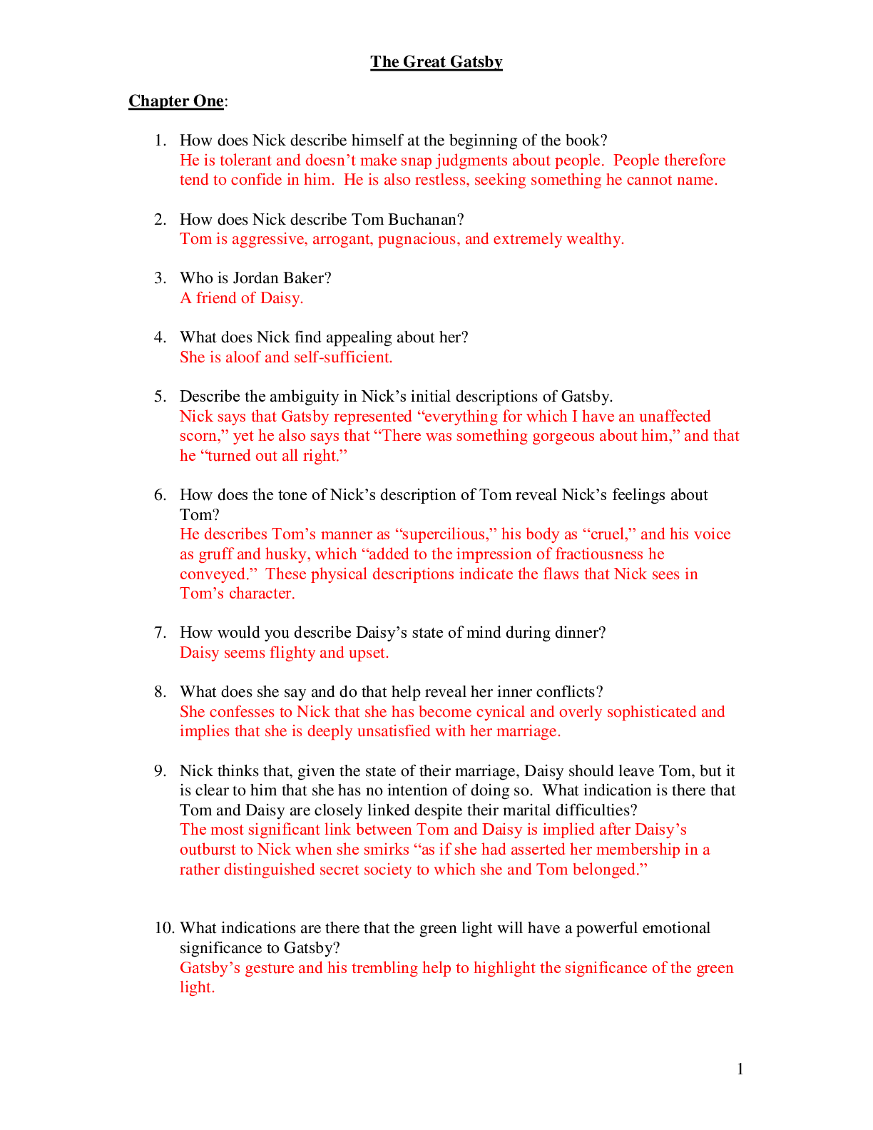 Preview of The Great Gatsby Study Questions with Answers
