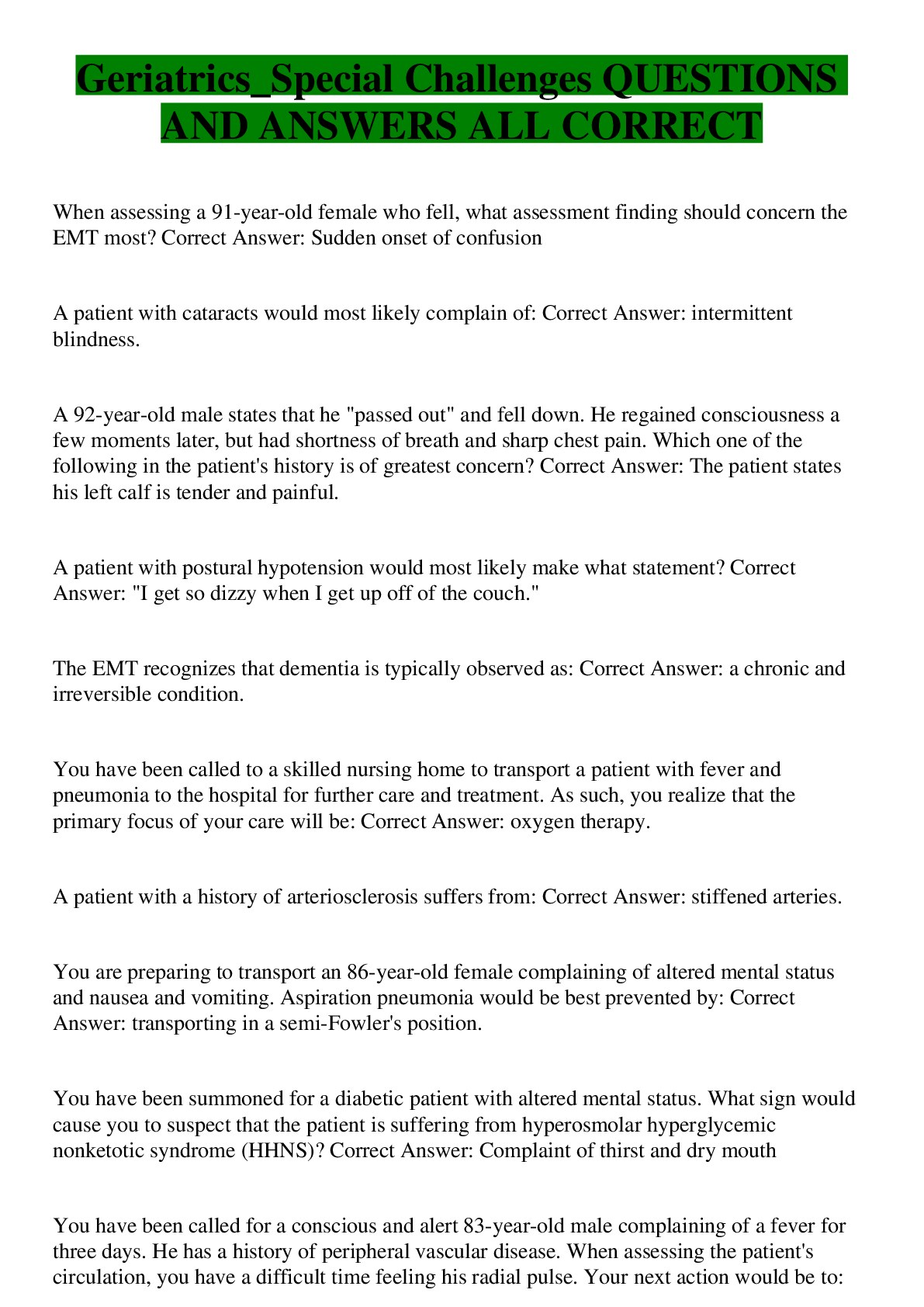 Preview image for MED SURG 1211 - Geriatrics. | LATEST STUDY GUIDE | A GRADE