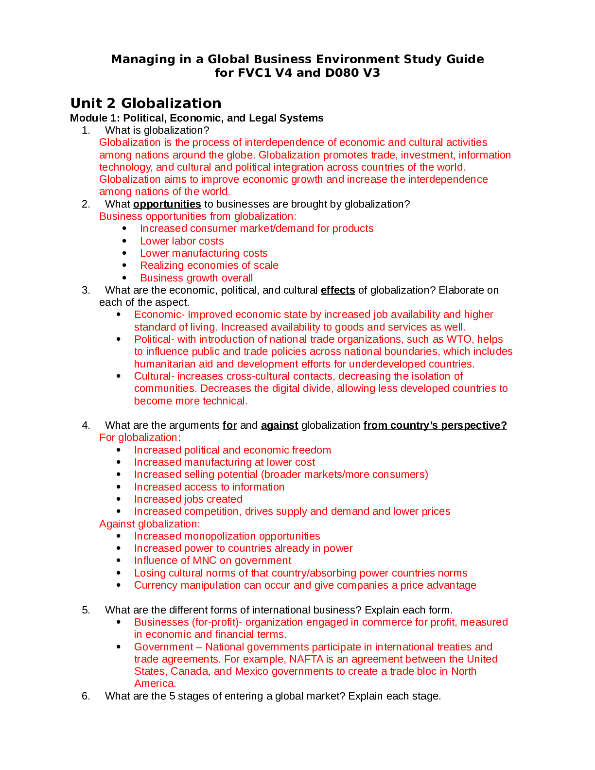 Preview of Managing in a Global Business Environment Study Guide for FVC1 V4 and D080 V3