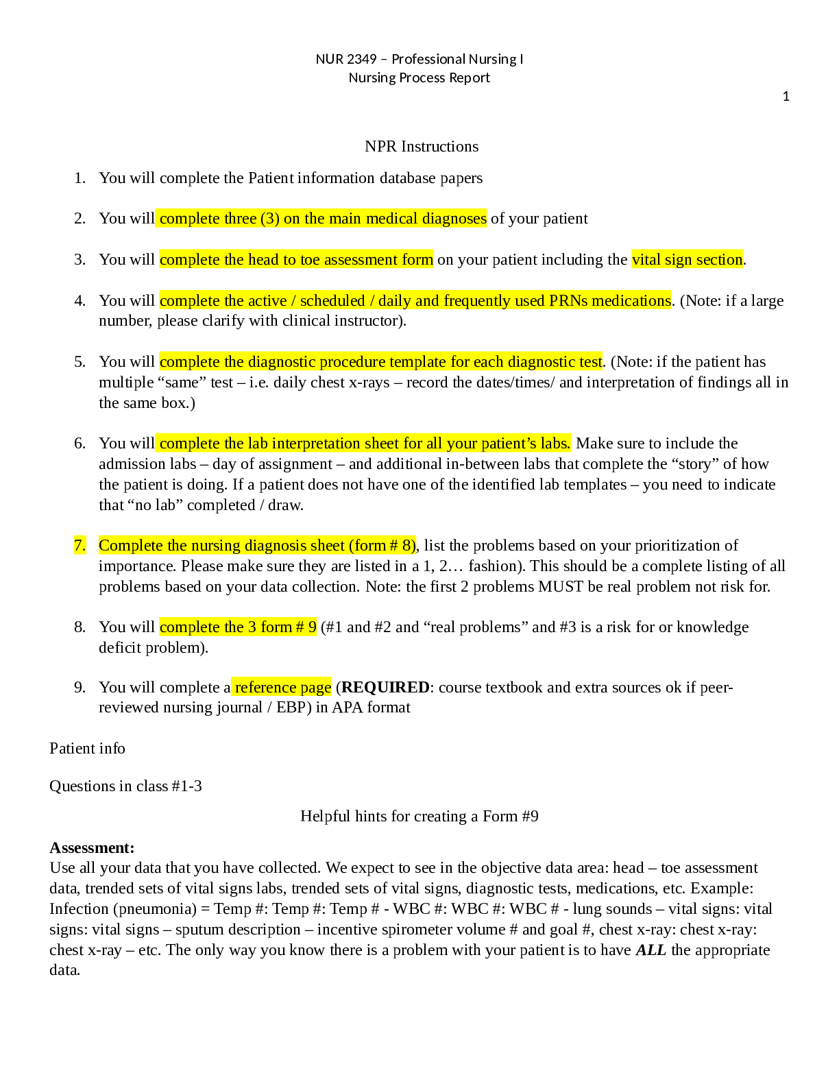 Preview image for NUR 2349 – Professional Nursing I Nursing Process Report; latest fall 2020/2021 complete solution guide.
