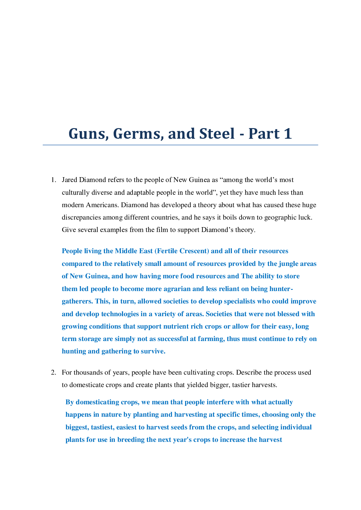 Preview image for Guns, Germs, and Steel - Part 1 (questions and Answers)