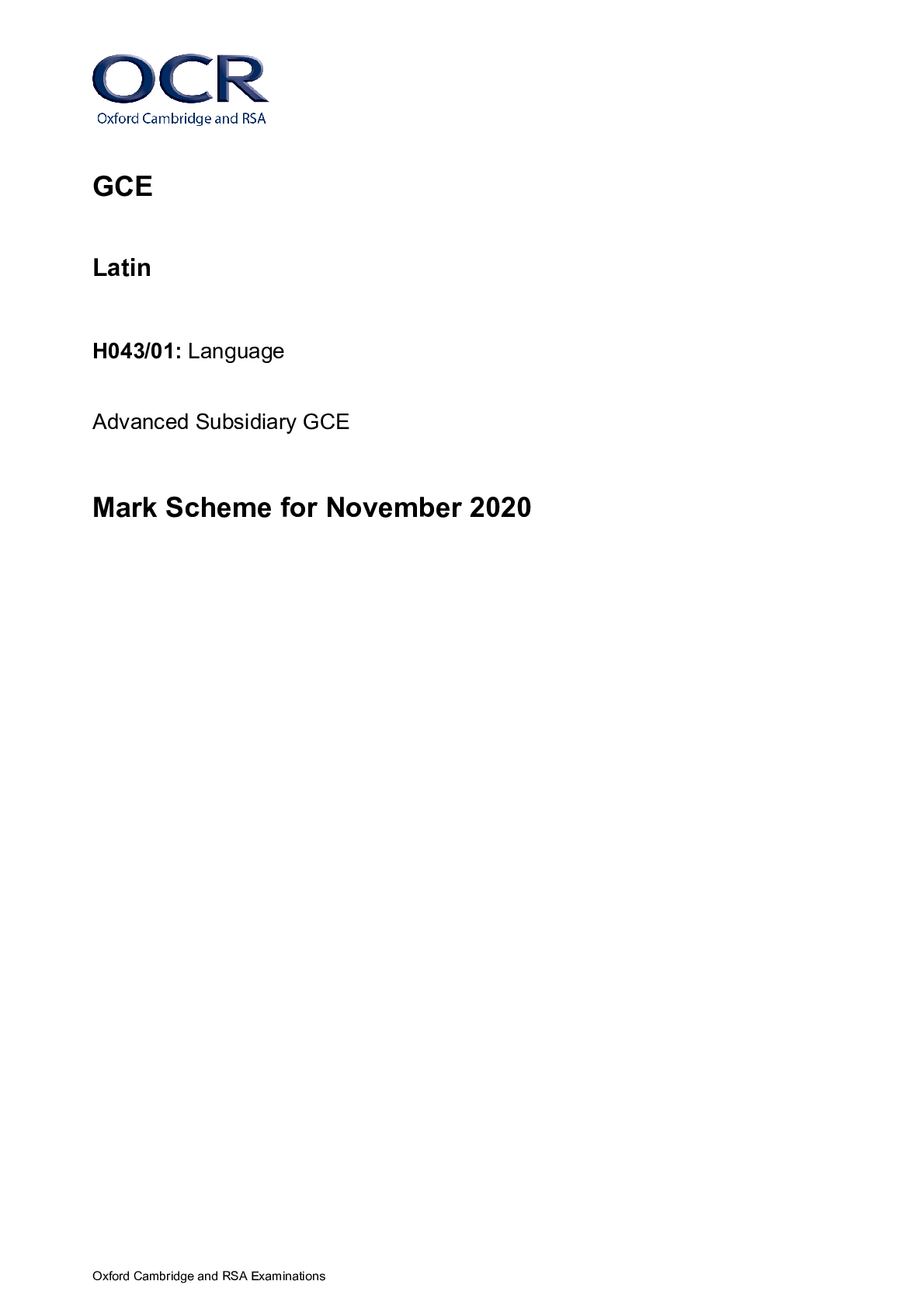 Preview image for GCE Latin H043/01: Language Advanced Subsidiary GCE Mark Scheme for November 2020