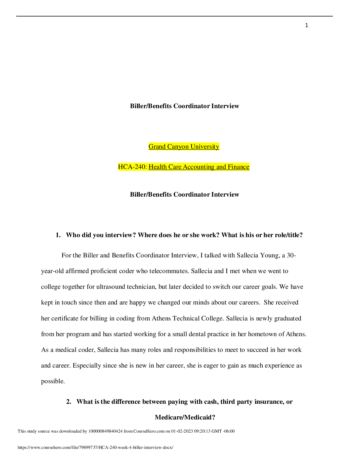 Preview of HCA 240 Assignment 4, Coder Biller Interview |GRADED