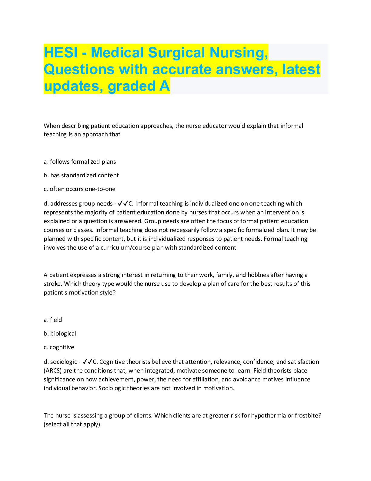 Preview image for HESI - Medical Surgical Nursing, Questions with accurate answers, latest updates, graded A