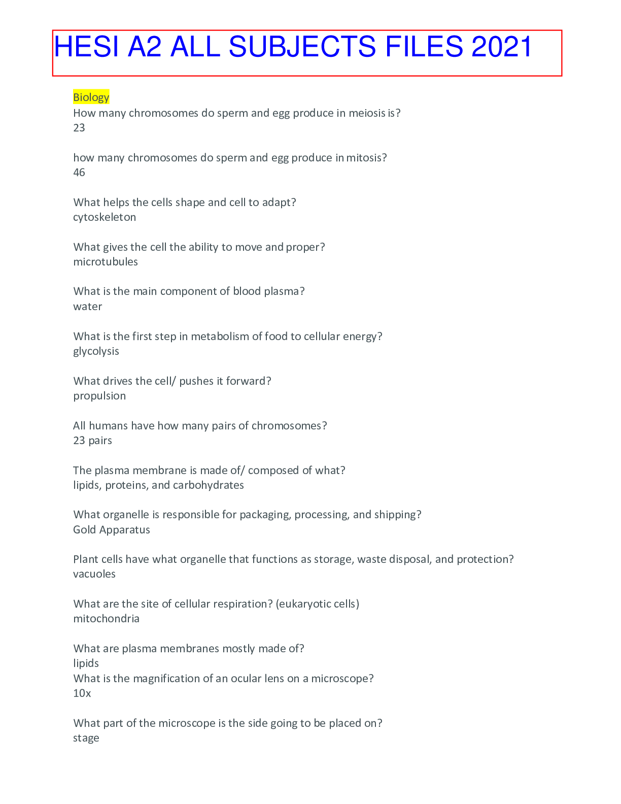 Preview of Hesi A2 All SUBJECTS FILES Study guide and Questions and Answers for 2021. Content, See De