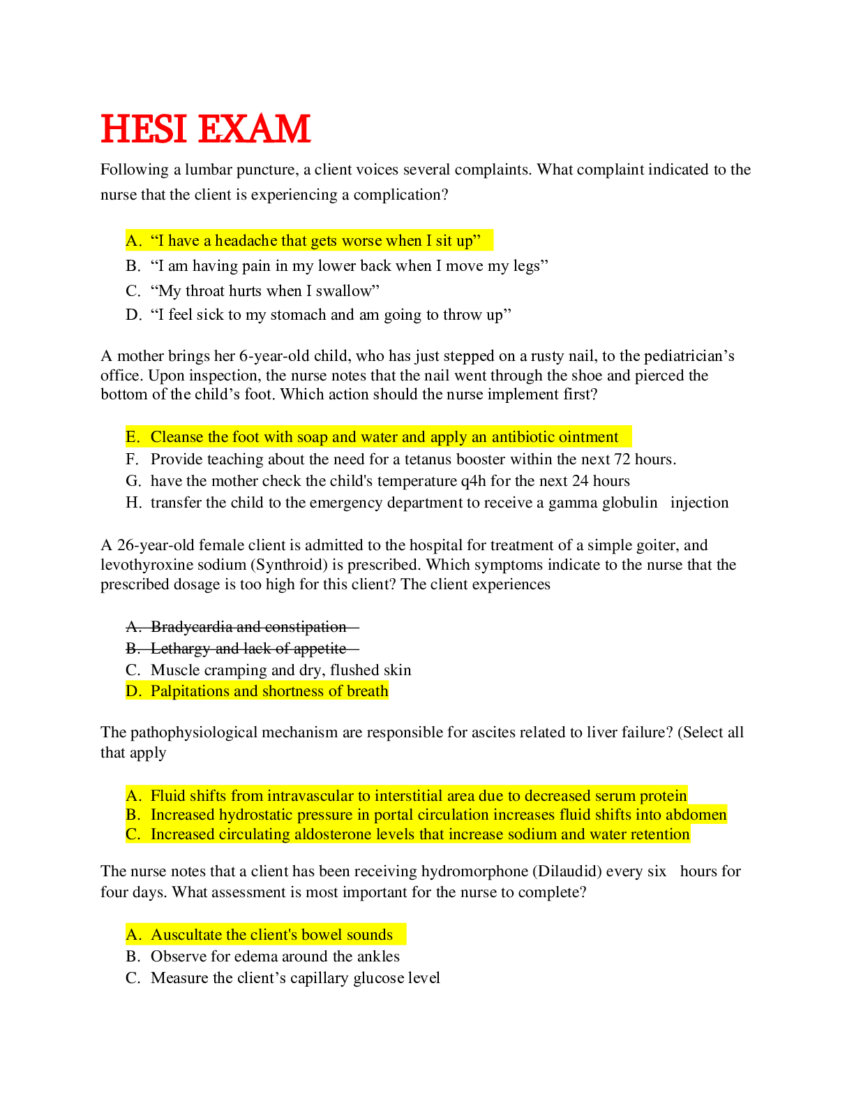 NUR 4290 HESI EXAM QUESTIONS AND ANSWERS (LATEST 100% )