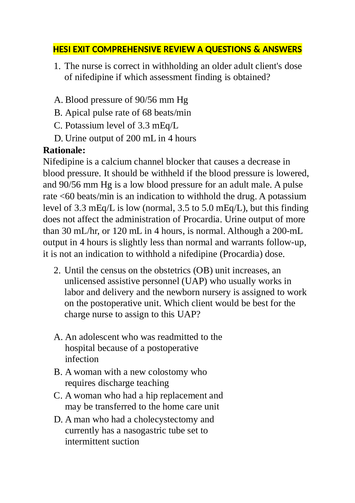 Preview image for HESI EXIT COMPREHENSIVE REVIEW A QUESTIONS AND COMPLETE SOLUTION 100% SCORE