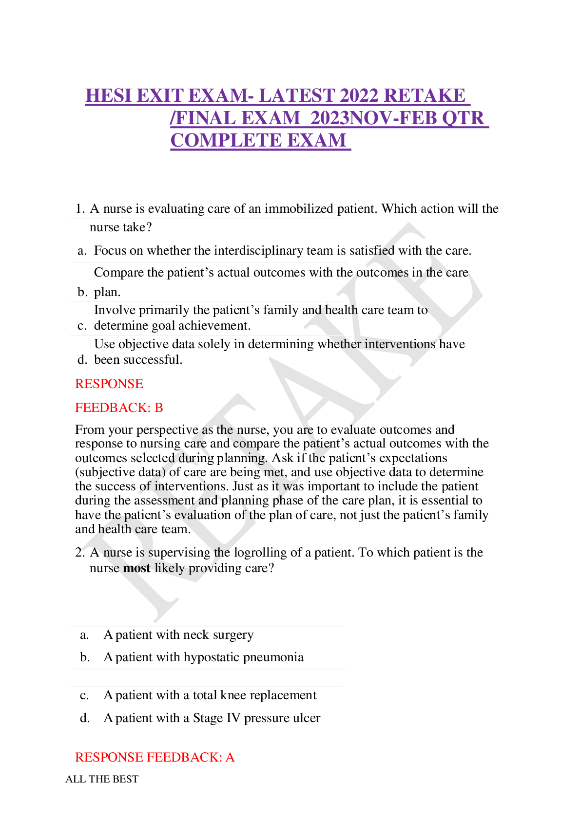 Preview image for HESI EXIT EXAM- LATEST 2022 RETAKE /FINAL EXAM  2023NOV-FEB QTR COMPLETE  EXAM