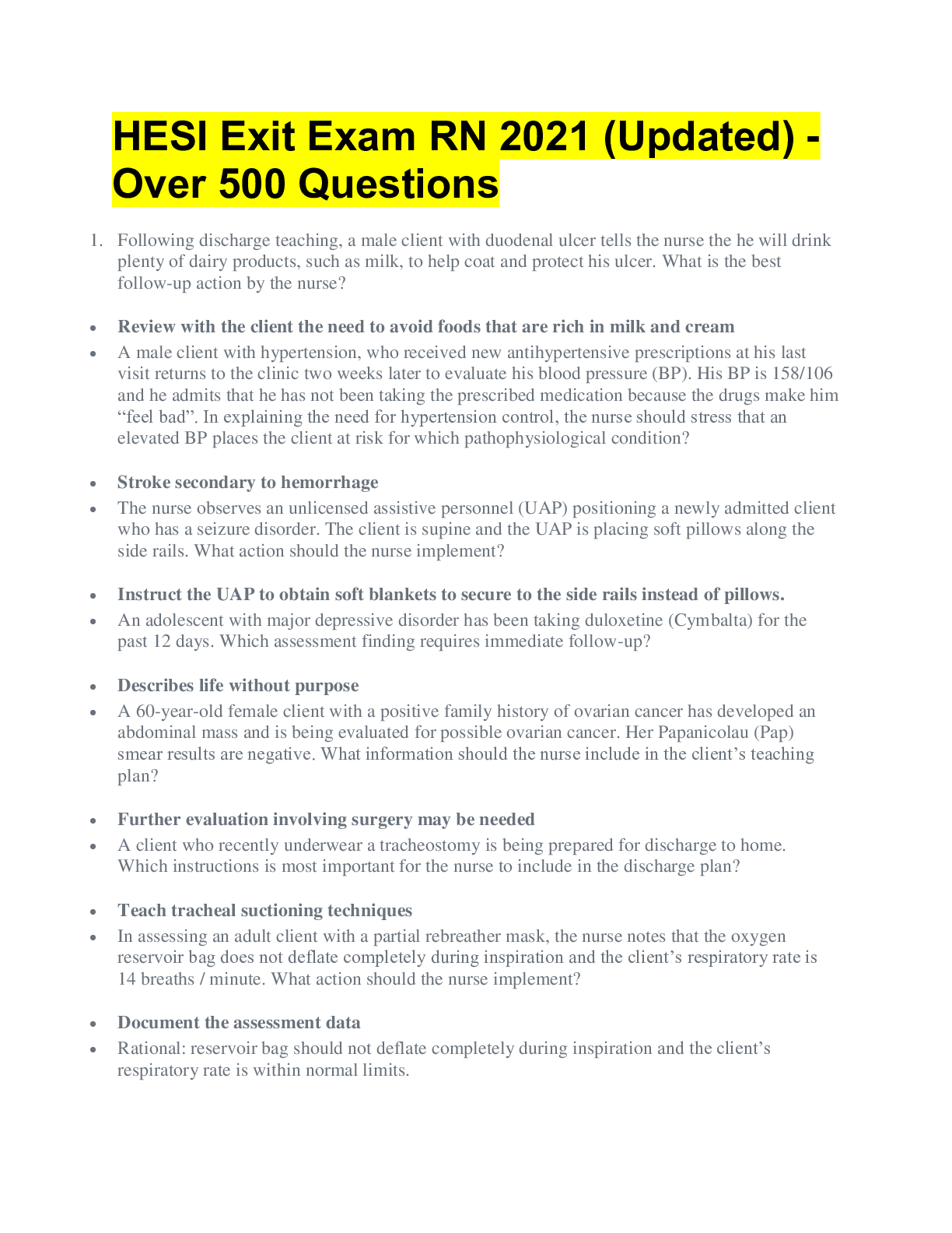 HESI Exit Exam RN (Updated 2024/20245) - Over 500 Questions