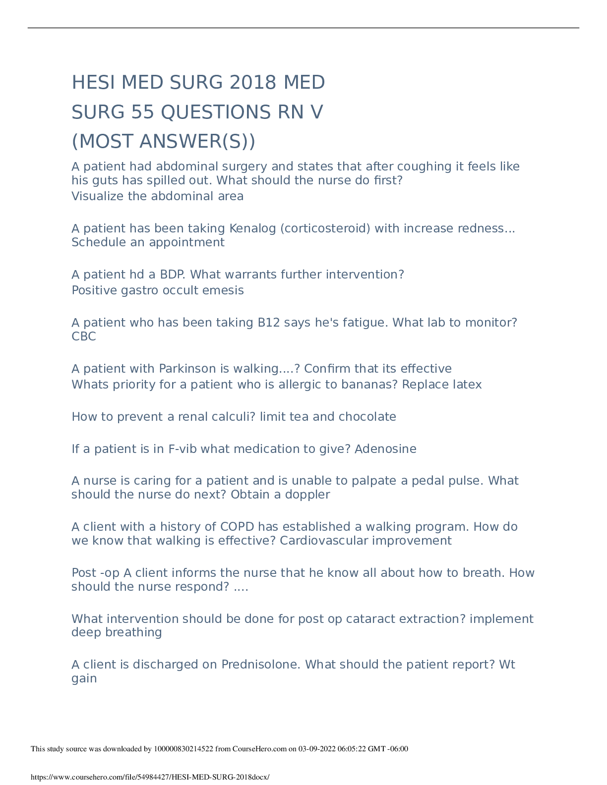 Preview image for 2020HESI MED SURG EXAMS ALL CORRET ANSWERS 100%