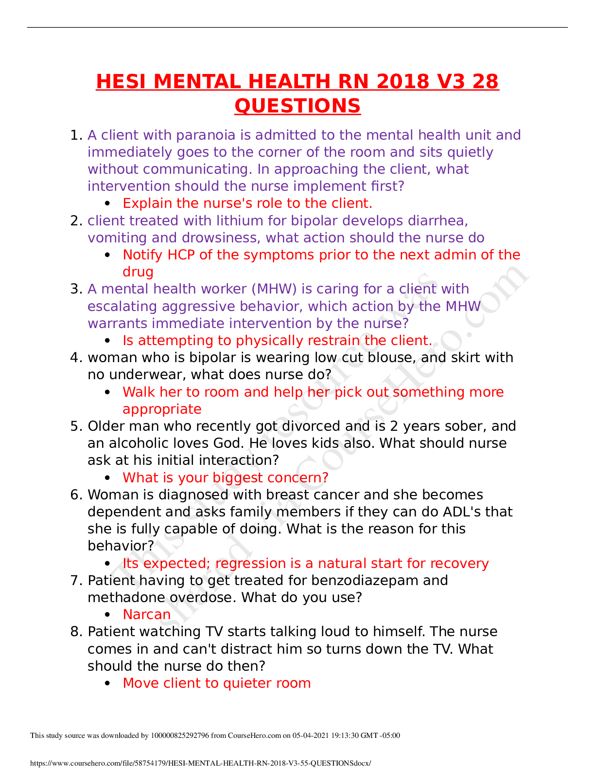 Preview image for HESI MENTAL HEALTH RN 2018 V3 28 QUESTIONS