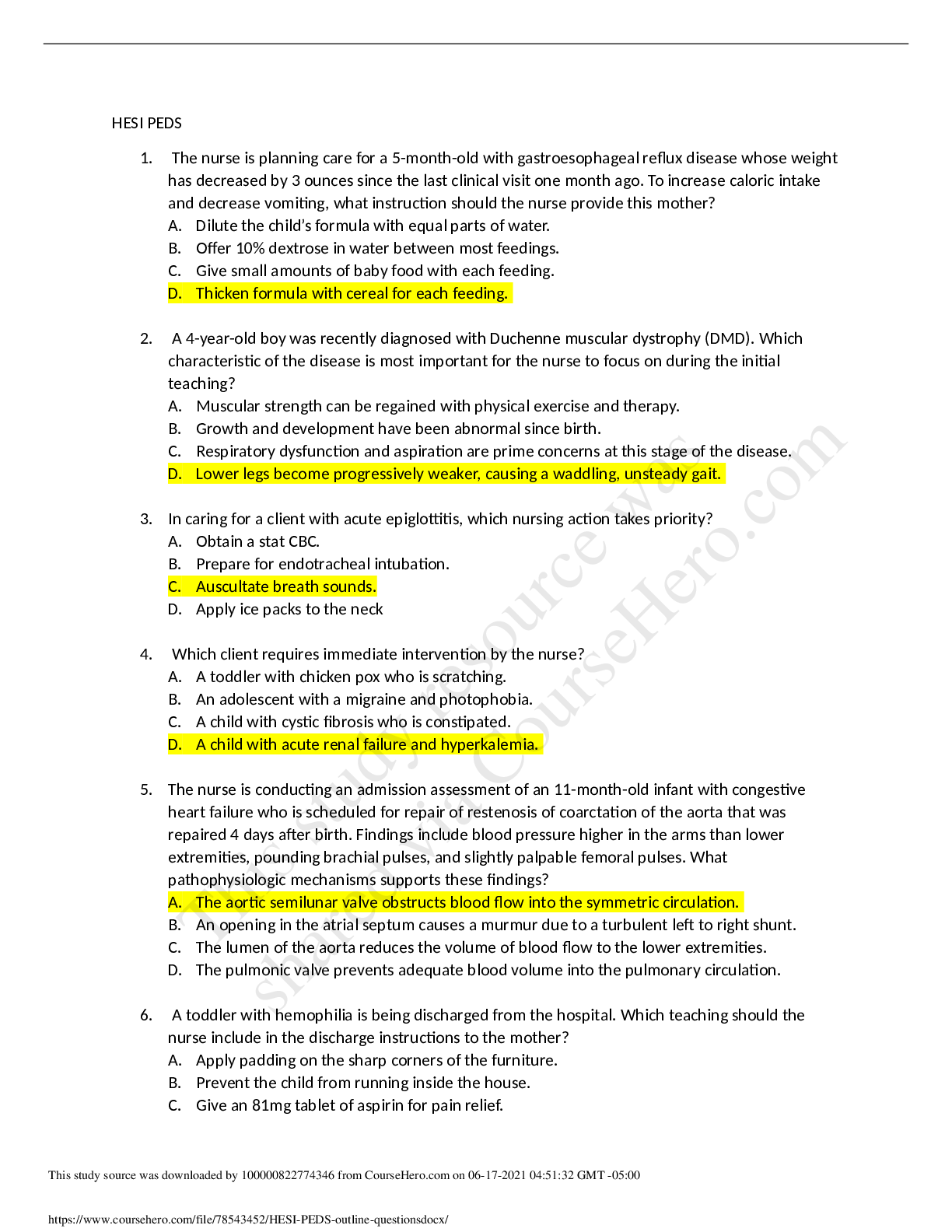 Preview image for NG 404HESI PEDIATRICS V1, V2 & V3 TOTAL OF 134 QUESTIONS/ANSWER(S) 2020 RN