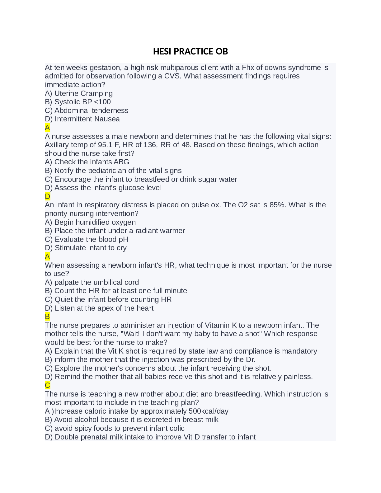 Preview image for HESI PRACTICE OB