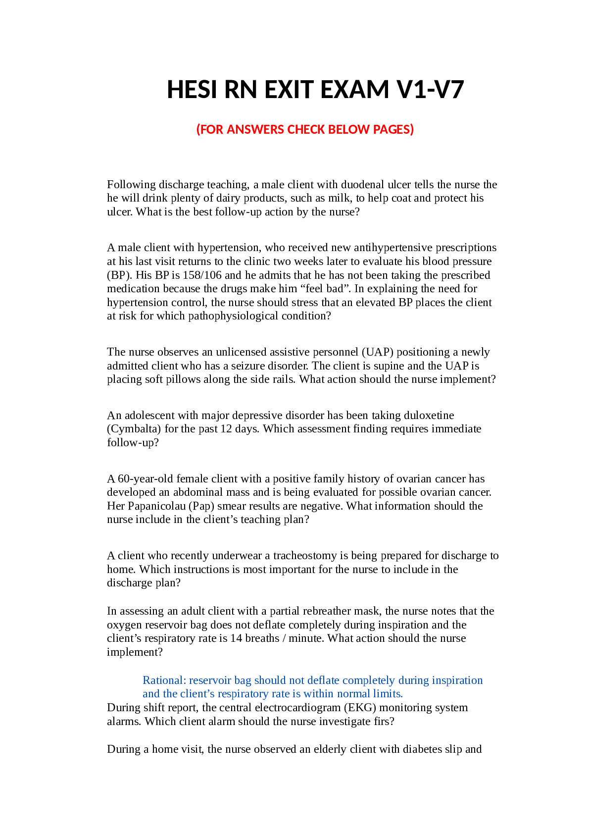 Preview of Chamberlain College of Nursing - NR 661HESI RN EXIT EXAM V1-V7.
