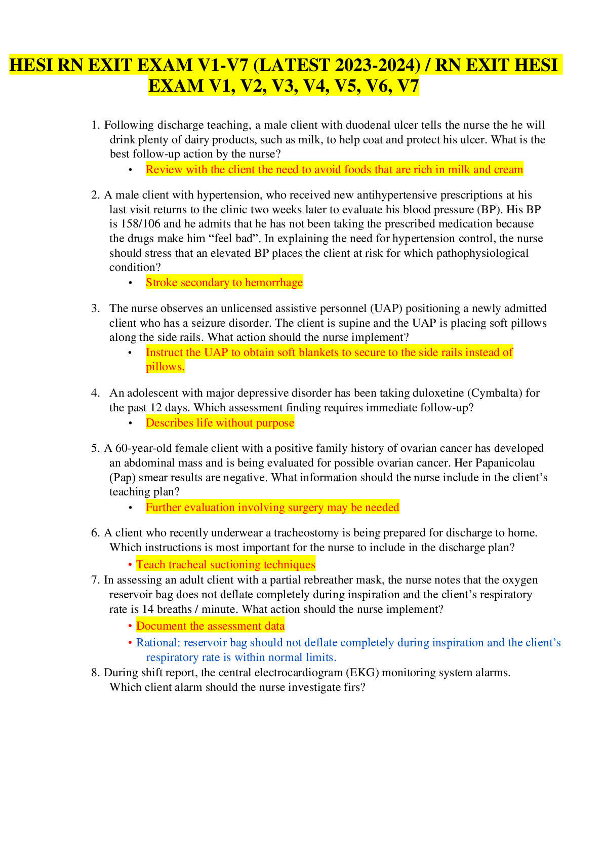 Preview image for HESI RN EXIT EXAM V1-V7 (LATEST 2023-2024) / RN EXIT HESI EXAM V1, V2, V3, V4, V5, V6, V7