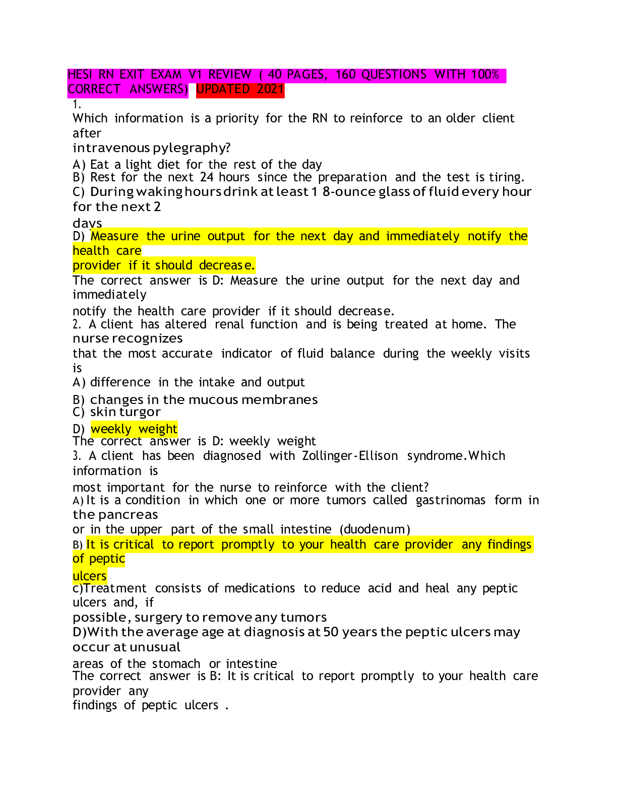 Preview image for HESI RN EXIT EXAM V1 REVIEW ( 40 PAGES, 160 QUESTIONS WITH 100% CORRECT ANSWERS) UPDATED 2021