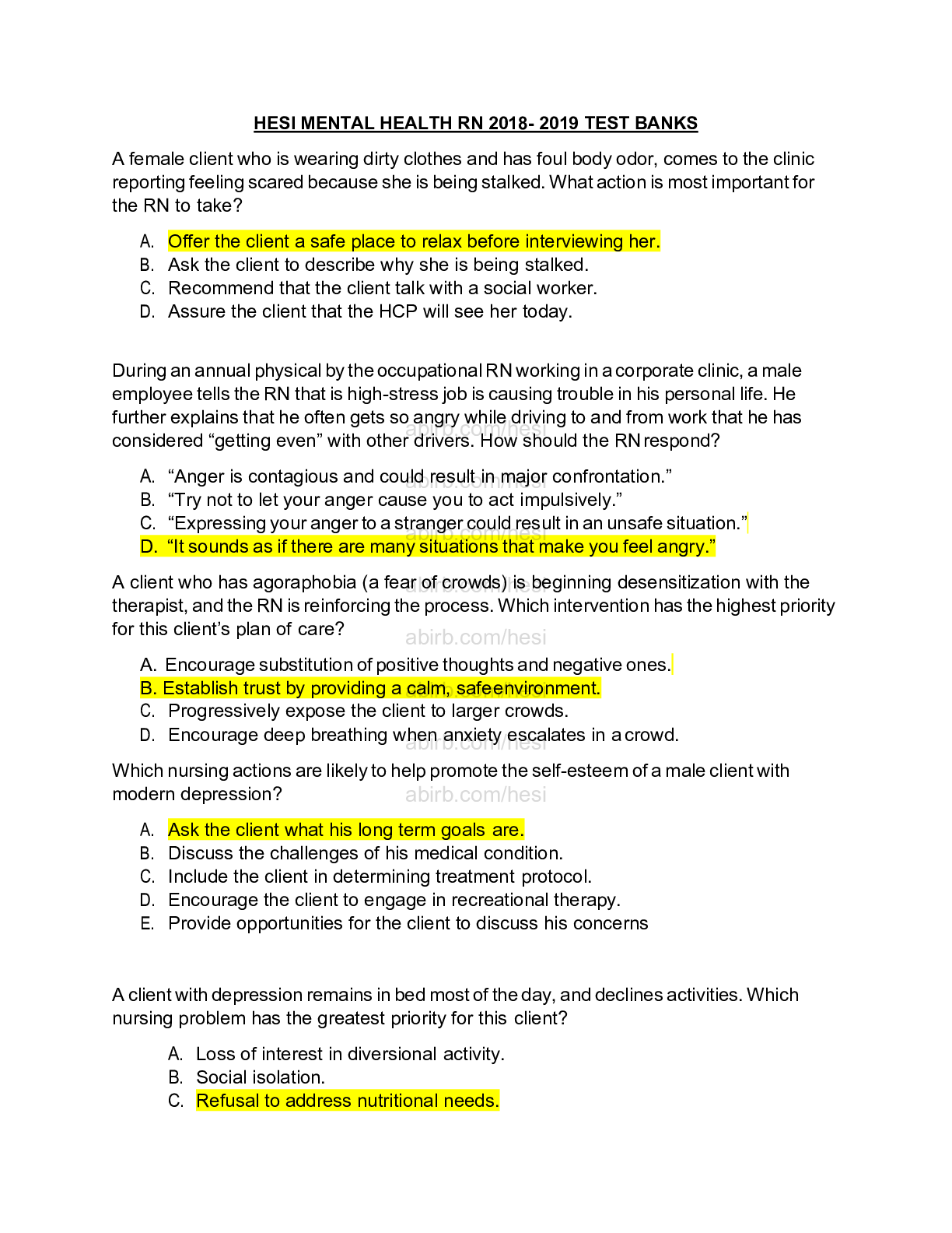 Preview image for HESI RN MENTAL HEALTH 2018-2019. Full Exam with Answers.