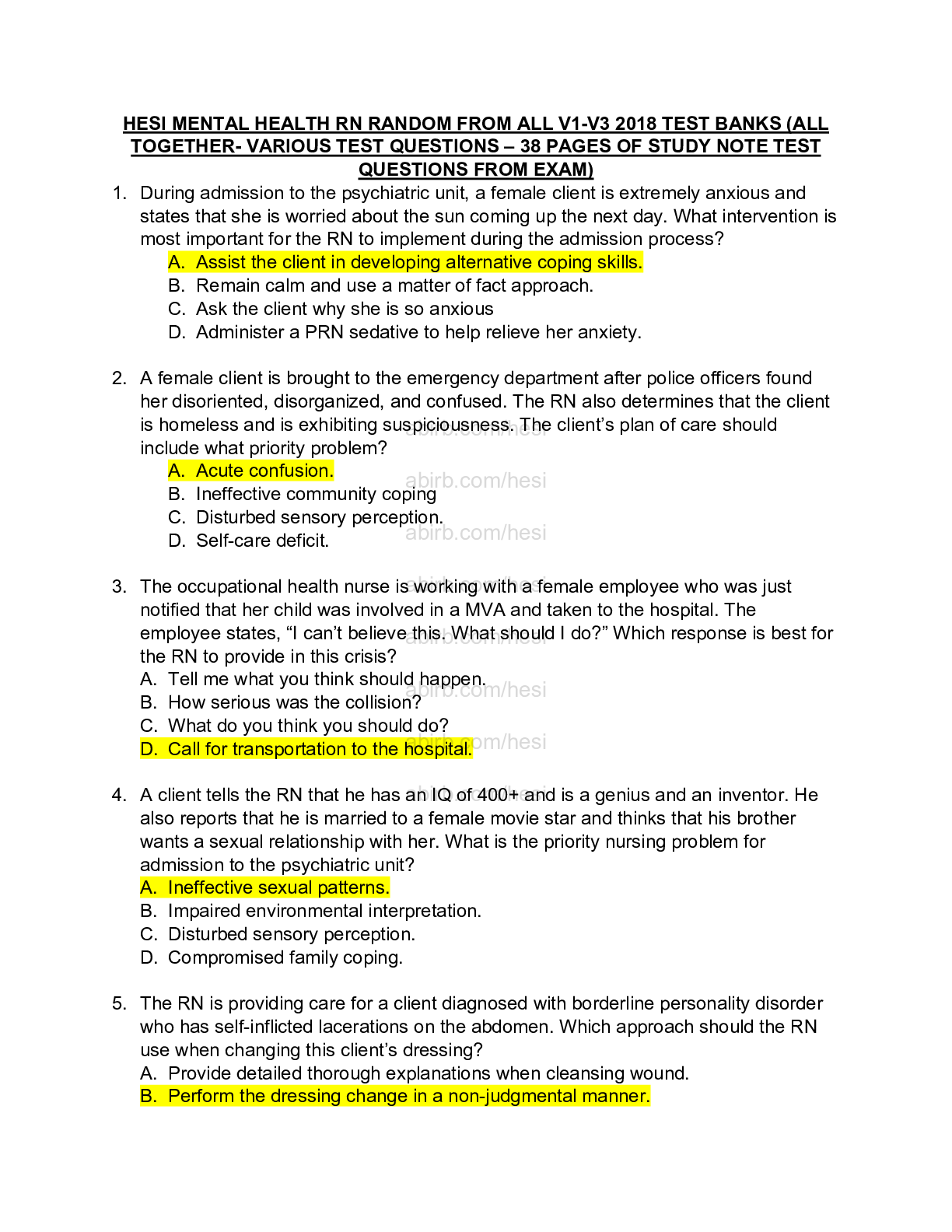 Preview image for HESI MENTAL HEALTH RN RANDOM FROM ALL V1-V3 2018 TEST BANKS (ALL TOGETHER- VARIOUS TEST QUESTIONS – 38 PAGES OF STUDY NOTE TEST QUESTIONS FROM EXAM)
