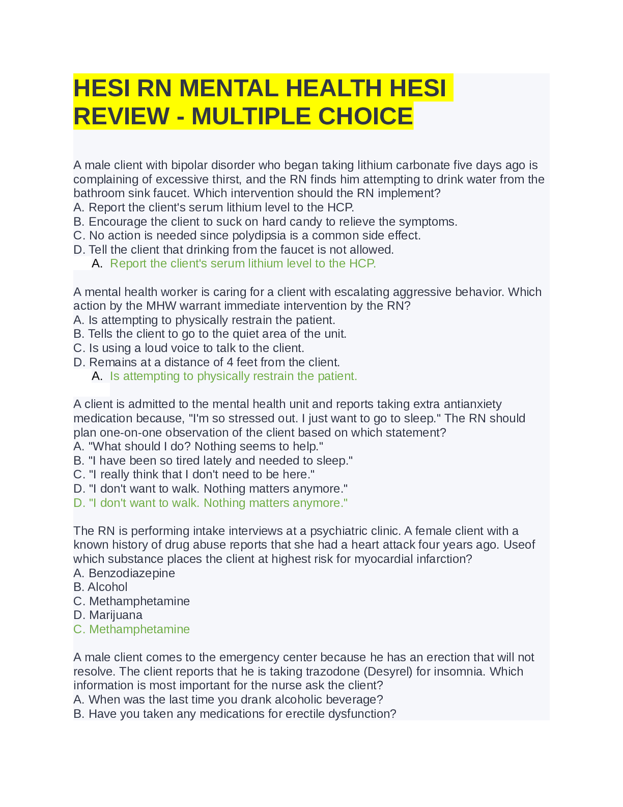 Preview image for HESI RN MENTAL HEALTH HESI  REVIEW - MULTIPLE CHOICE