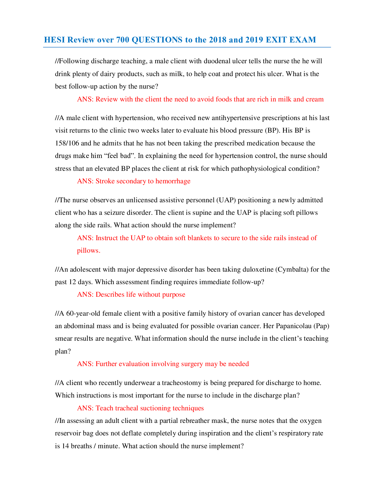 Preview image for HESI Review over 700 QUESTIONS to the 2019 and 2020 EXIT EXAM
