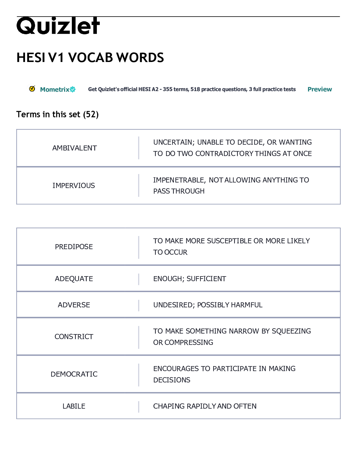Preview image for HESI V1 VOCAB WORDS