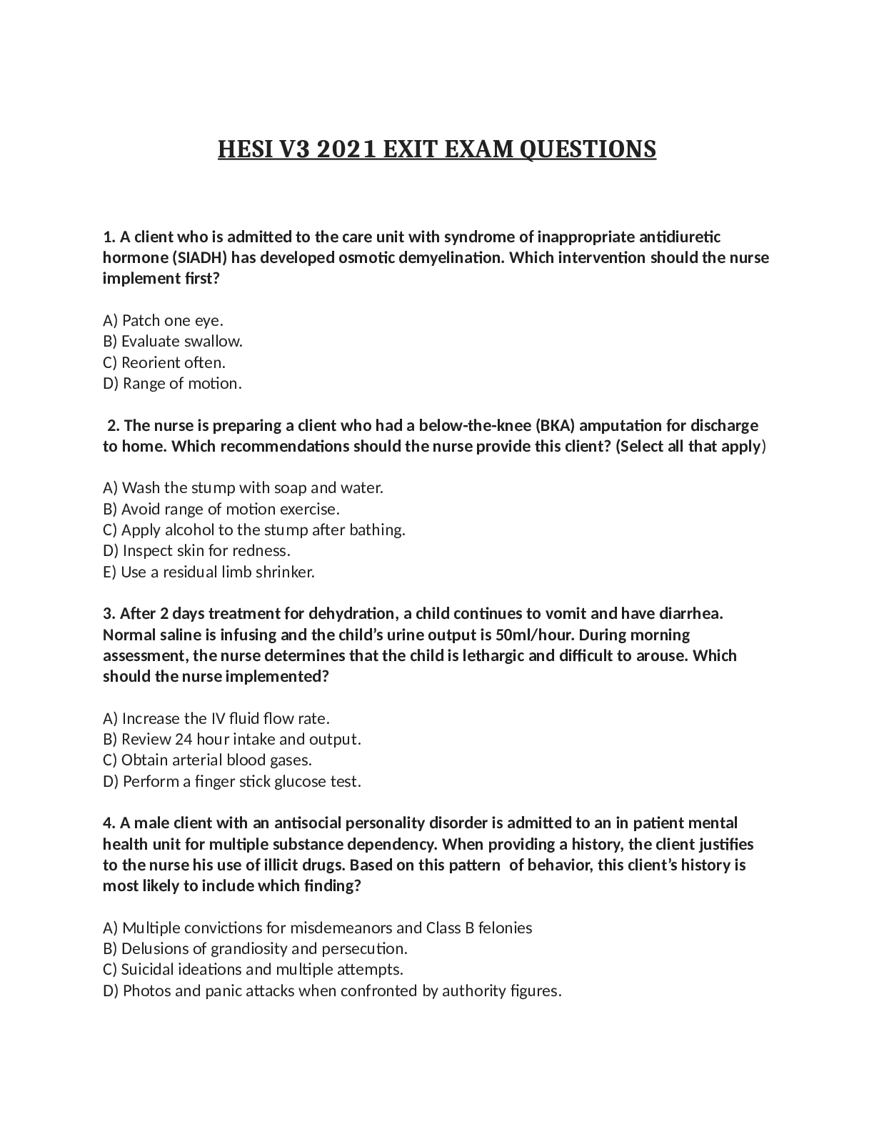 Preview image for HESI V3 2021 EXIT EXAM QUESTIONS