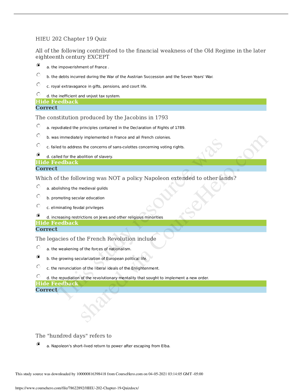 Preview of Liberty University - HIEU 202HIEU 202 Chapter 19 Quiz. ( ALL ANSWERS CORRECT )