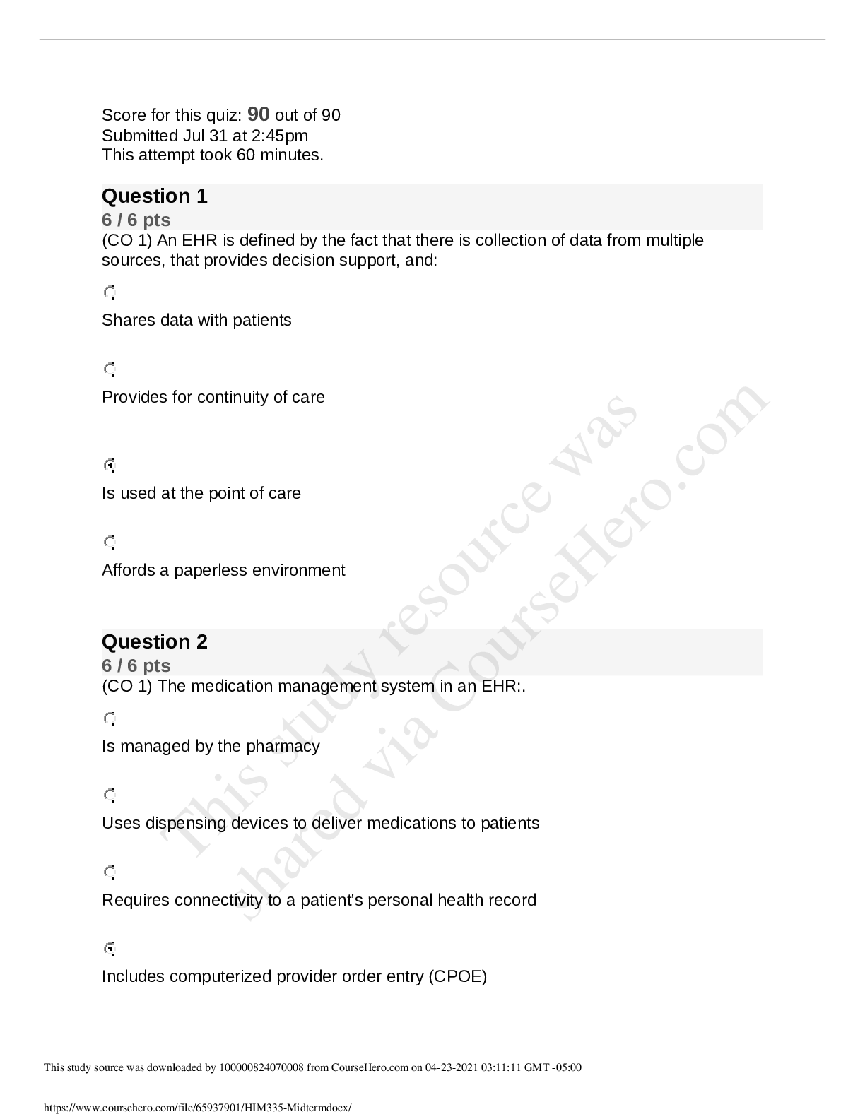 Preview image for HIM 335 Midterm Exam 100% Complete Questions and Answers {Rated A+}