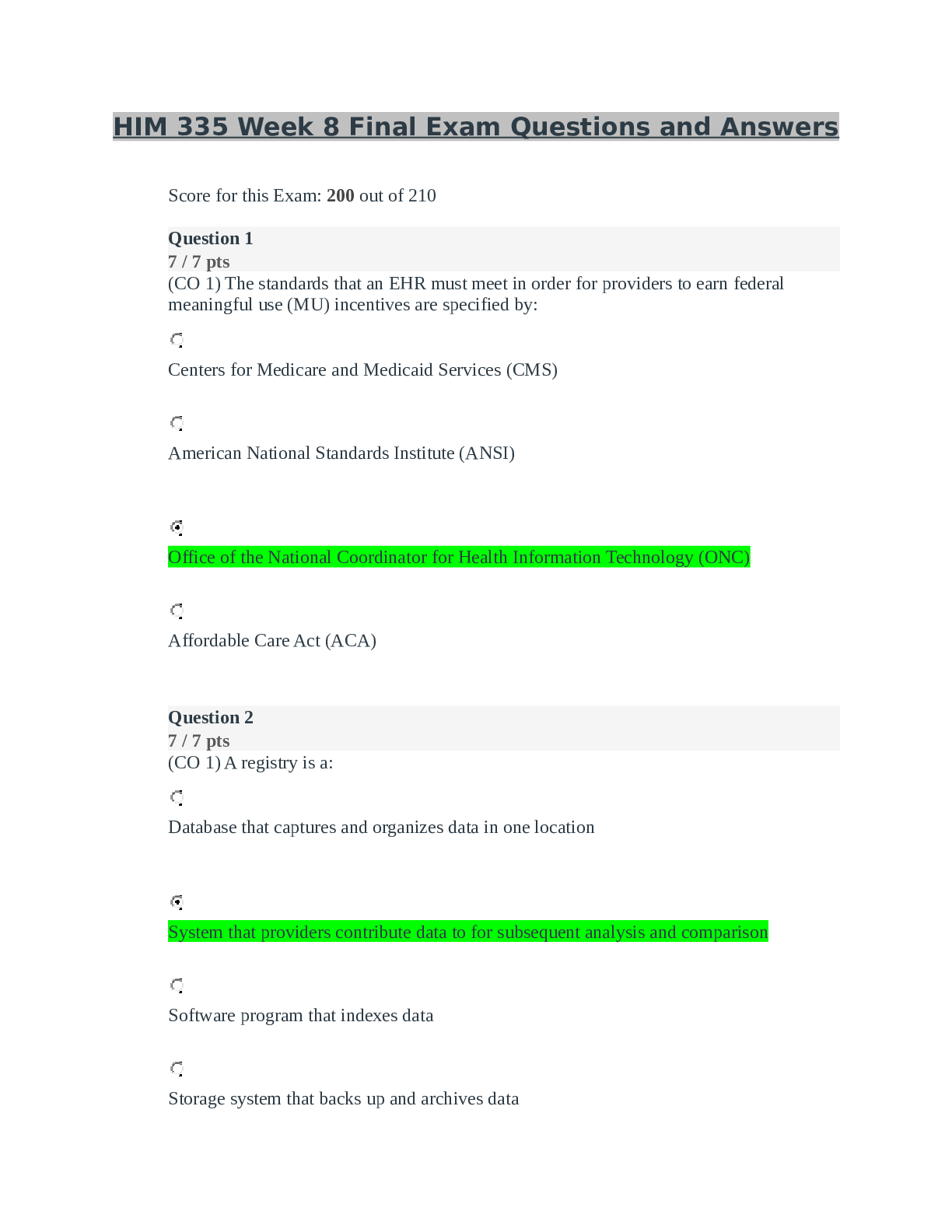 Preview image for HIM 335 Week 8 Final Exam Questions and Answers