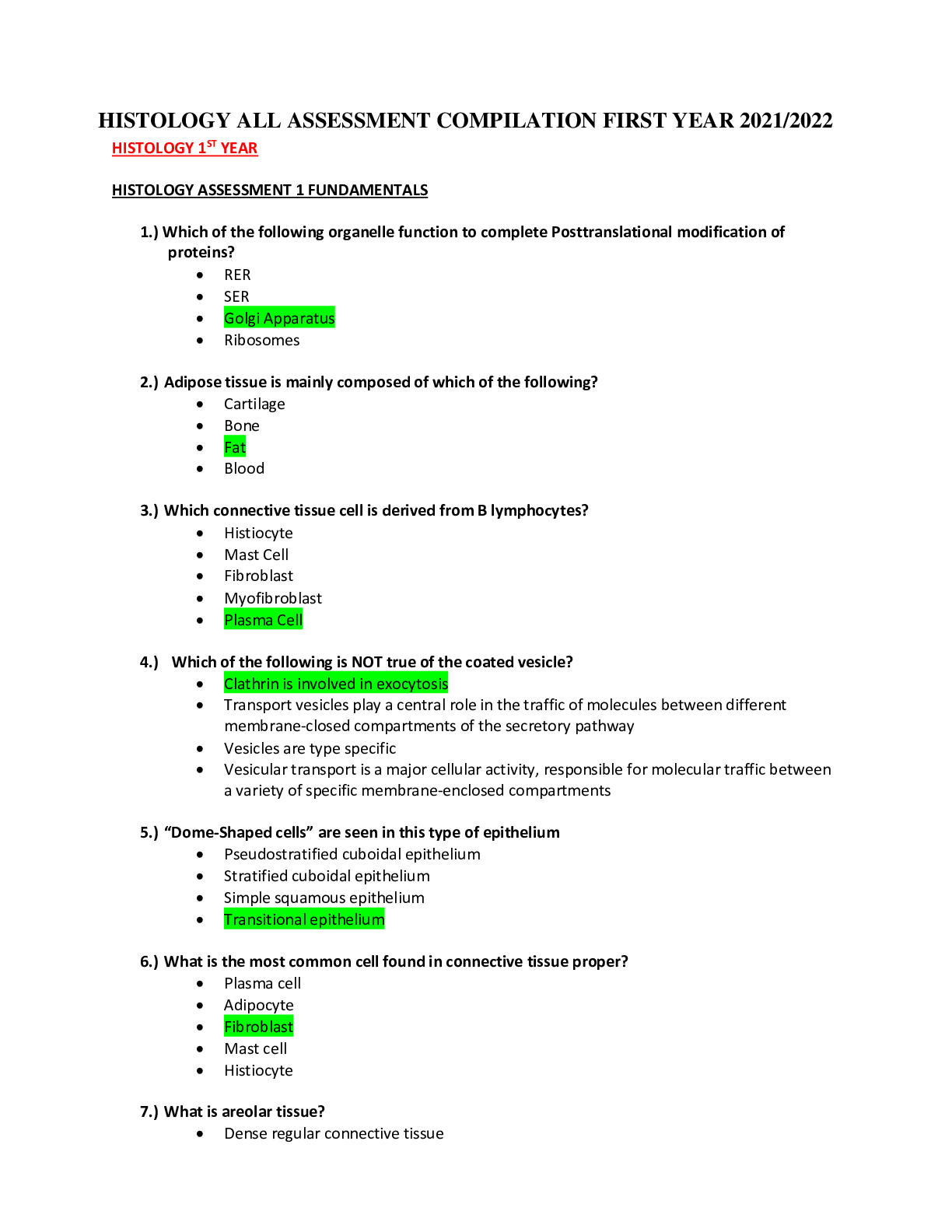 Preview image for HISTOLOGY ALL ASSESSMENT COMPILATION QUESTIONS AND ANSWERS FIRST YEAR 2021/2022
