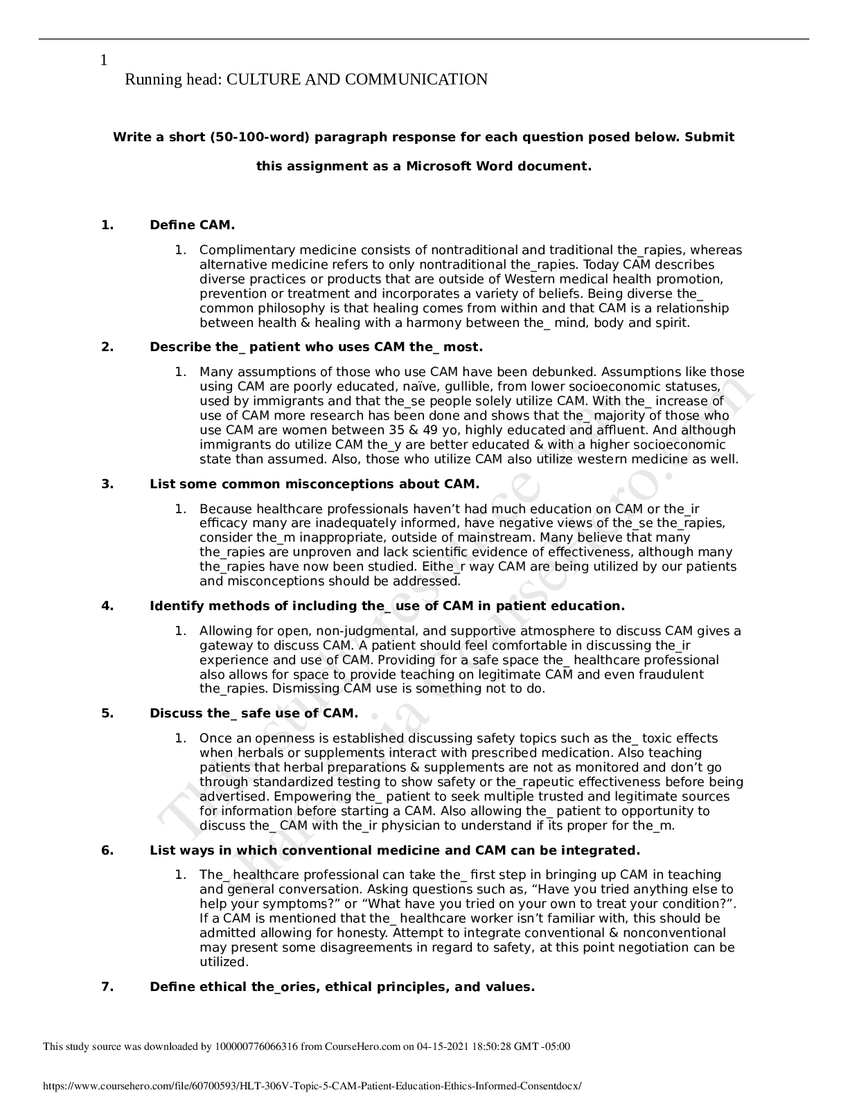Preview of HLT 306V Topic 5 CAM, Patient Education Ethics & Informed Consent (Well Explained Solution