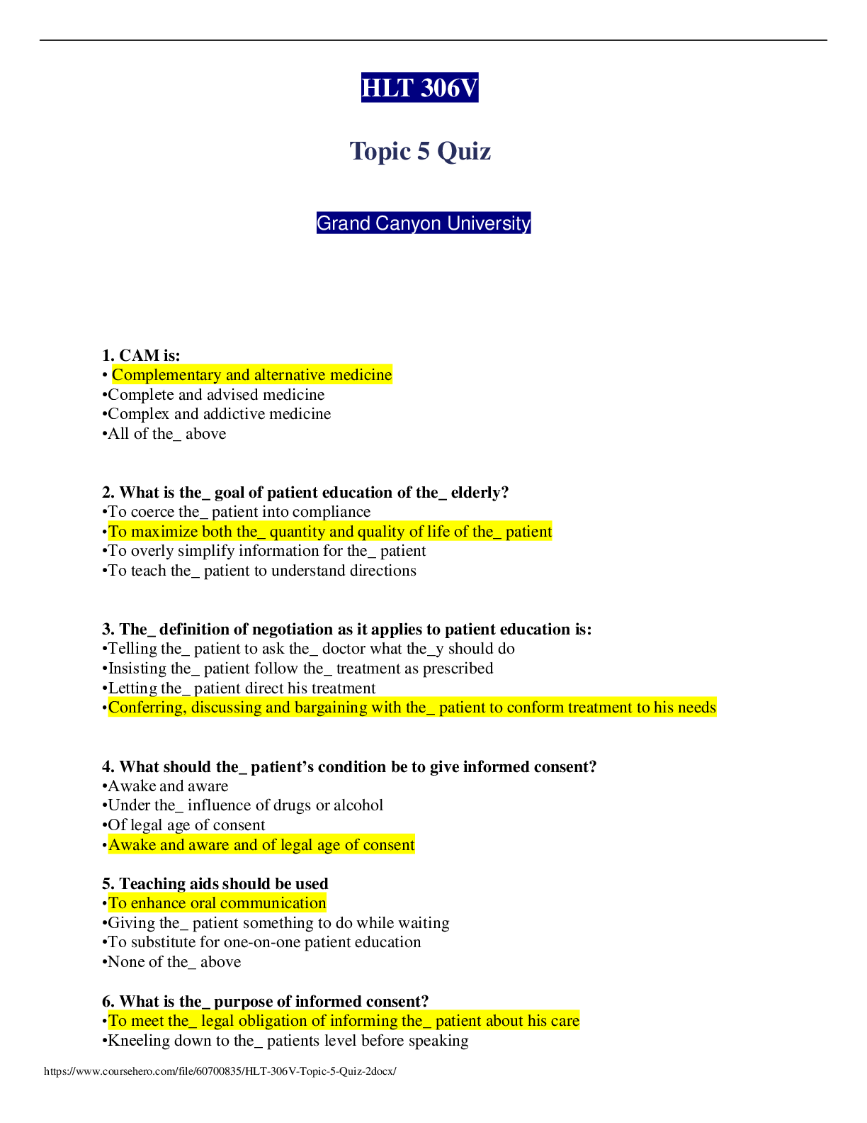 Preview of HLT 306V Topic 5 Quiz.