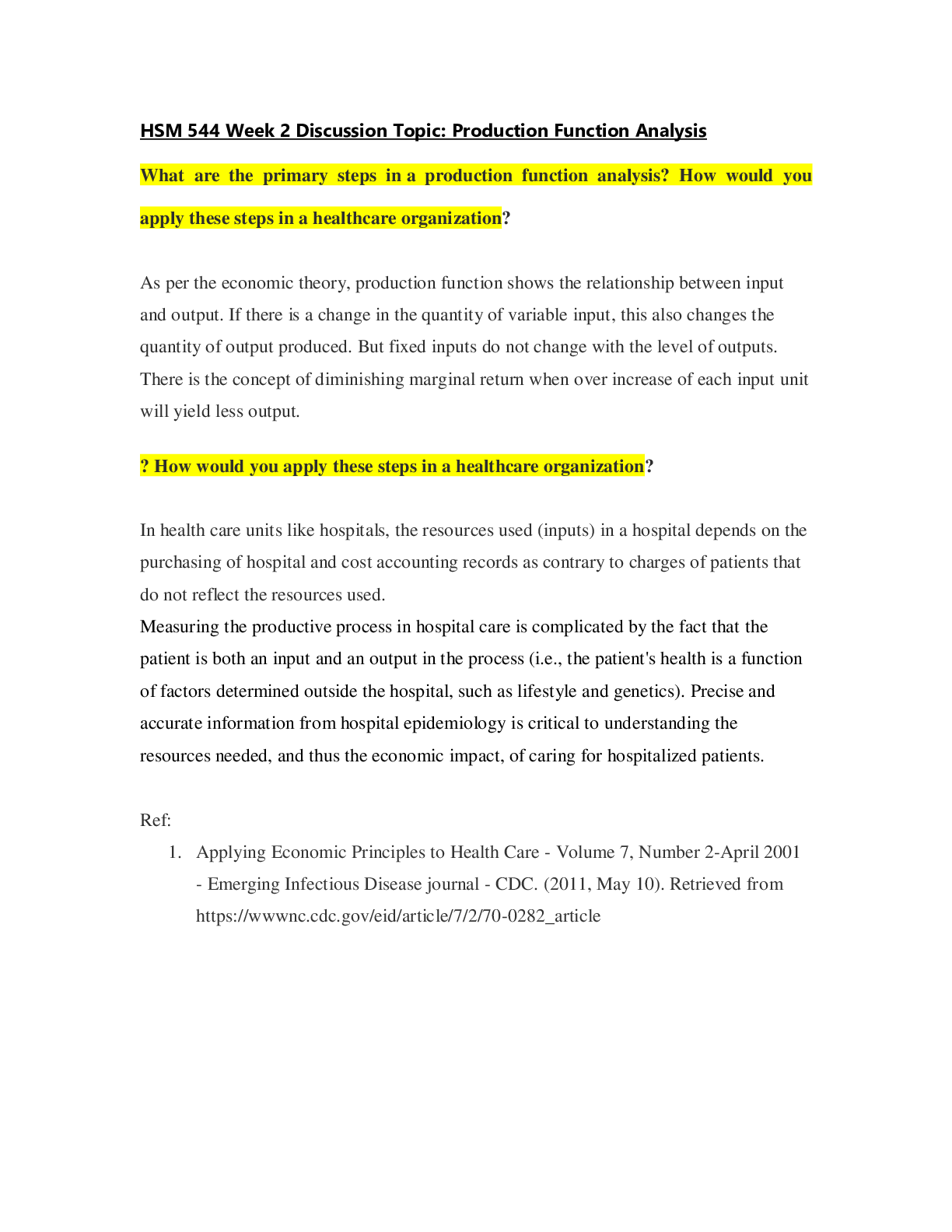 Preview image for DeVry University, Keller Graduate School of Management - HSM 544 Week 2 Discussion Topic: Production Function Analysis_100% Correct.