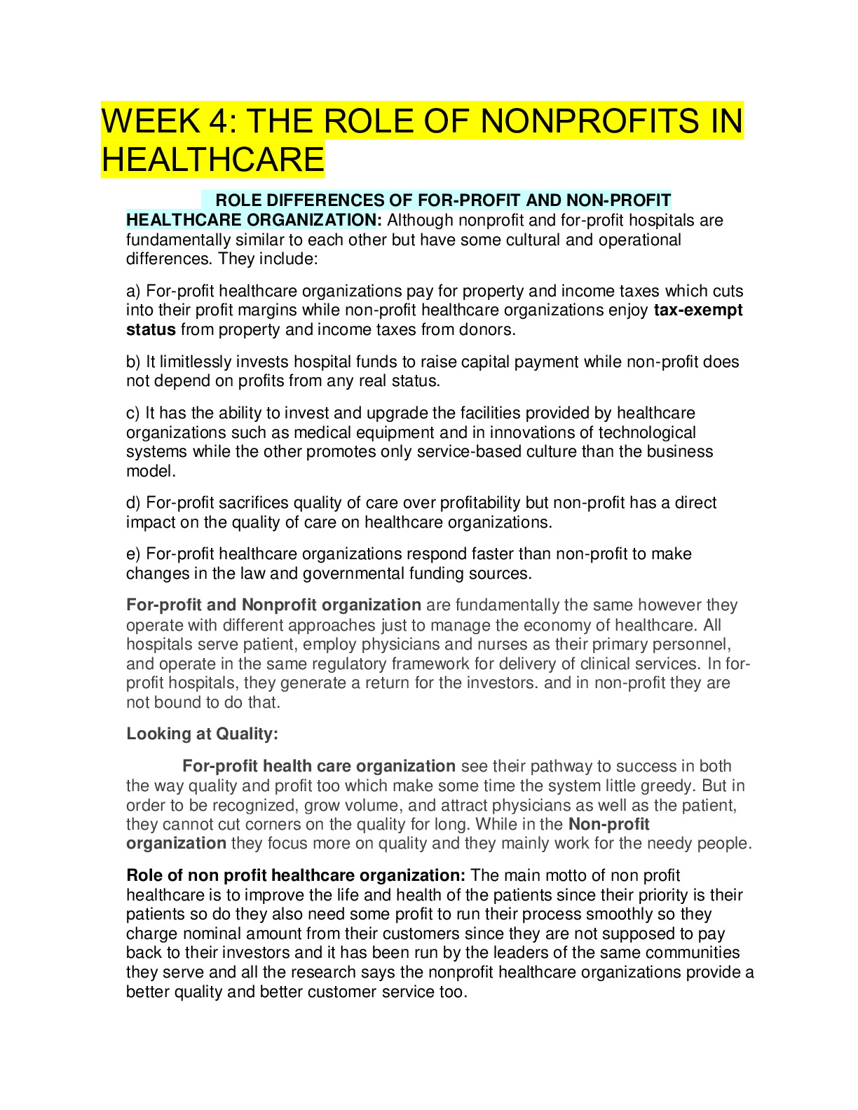 Preview image for DeVry University, Keller Graduate School of Management - HSM 544/HSM 544 WEEK 4 THE ROLE OF NONPROFITS IN HEALTHCARE_Already Graded A.