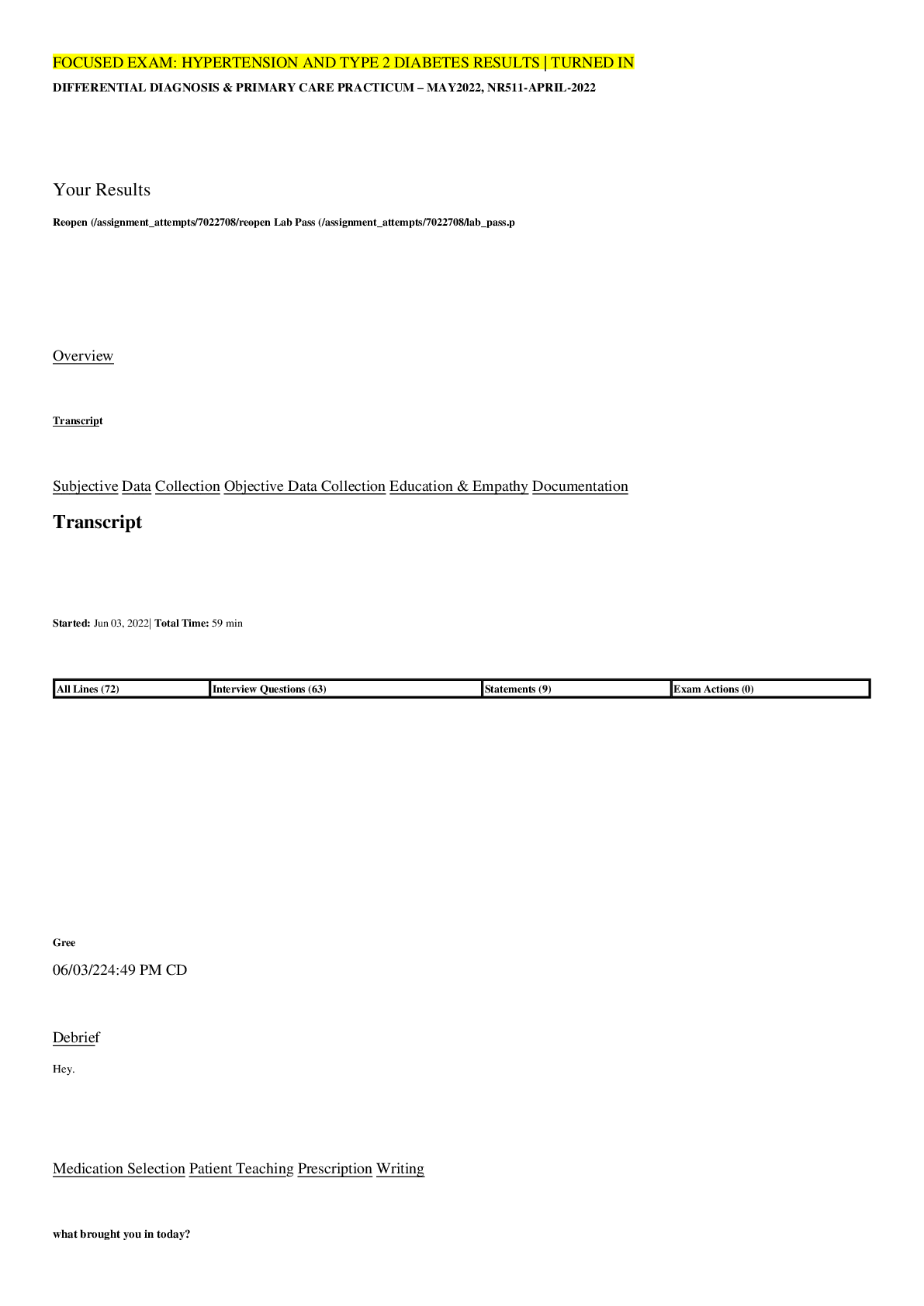 Preview image for FOCUSED EXAM: HYPERTENSION AND TYPE 2 DIABETES RESULTS | TURNED IN DIFFERENTIAL DIAGNOSIS & PRIMARY CARE PRACTICUM – MAY2022, NR511-APRIL-2022