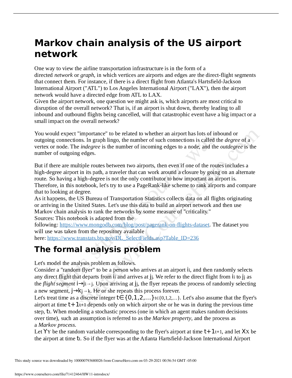 Preview of Markov chain analysis of the US airport network Michigan State University - CSE 6040HW11-