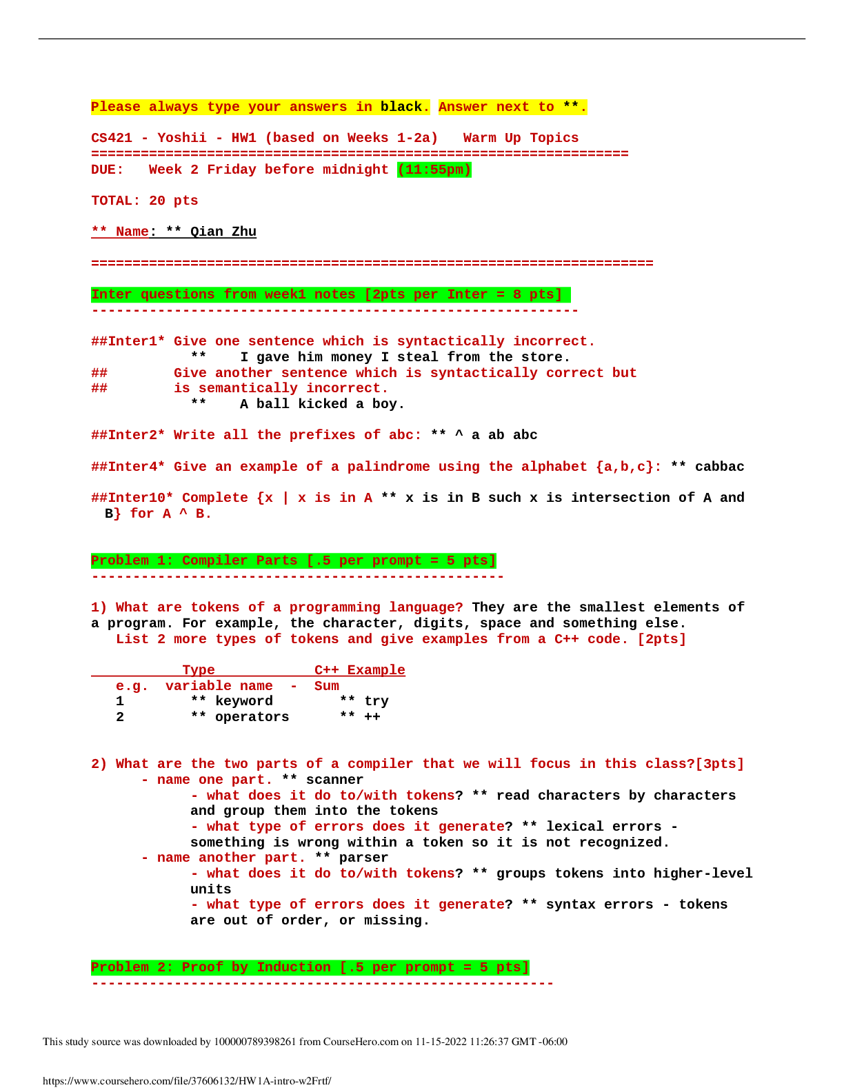 Preview image for CS 421  CS421 - Yoshii - HW1 (based on Weeks 1-2a) Warm Up Topics  | California State University, San Marcos
