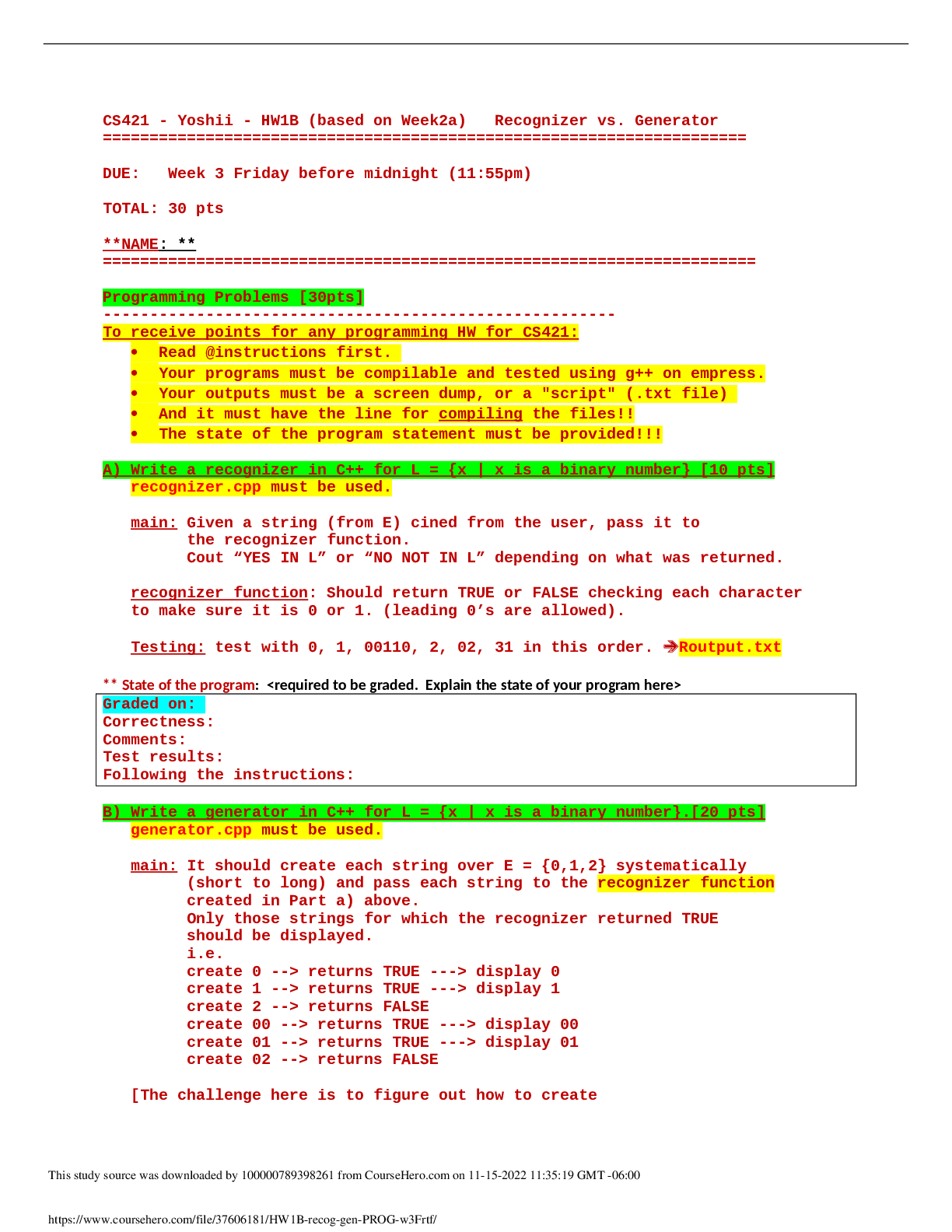 Preview image for CS 421 Theory of computing CS421  HW1B (based on Week2a) Recognizer vs. Generator California State University, San Marcos