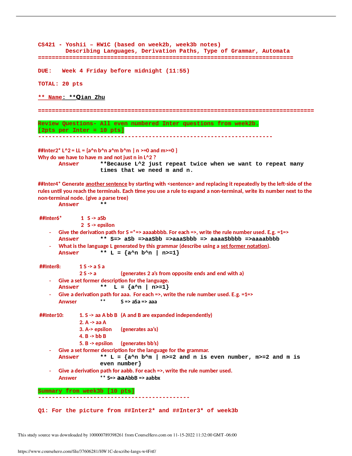 Preview image for CS 421 Theory of computing HW1C (based on week2b, week3b notes) Describing Languages, Derivation Paths, Type of Grammar, Automata | California State University, San Marcos