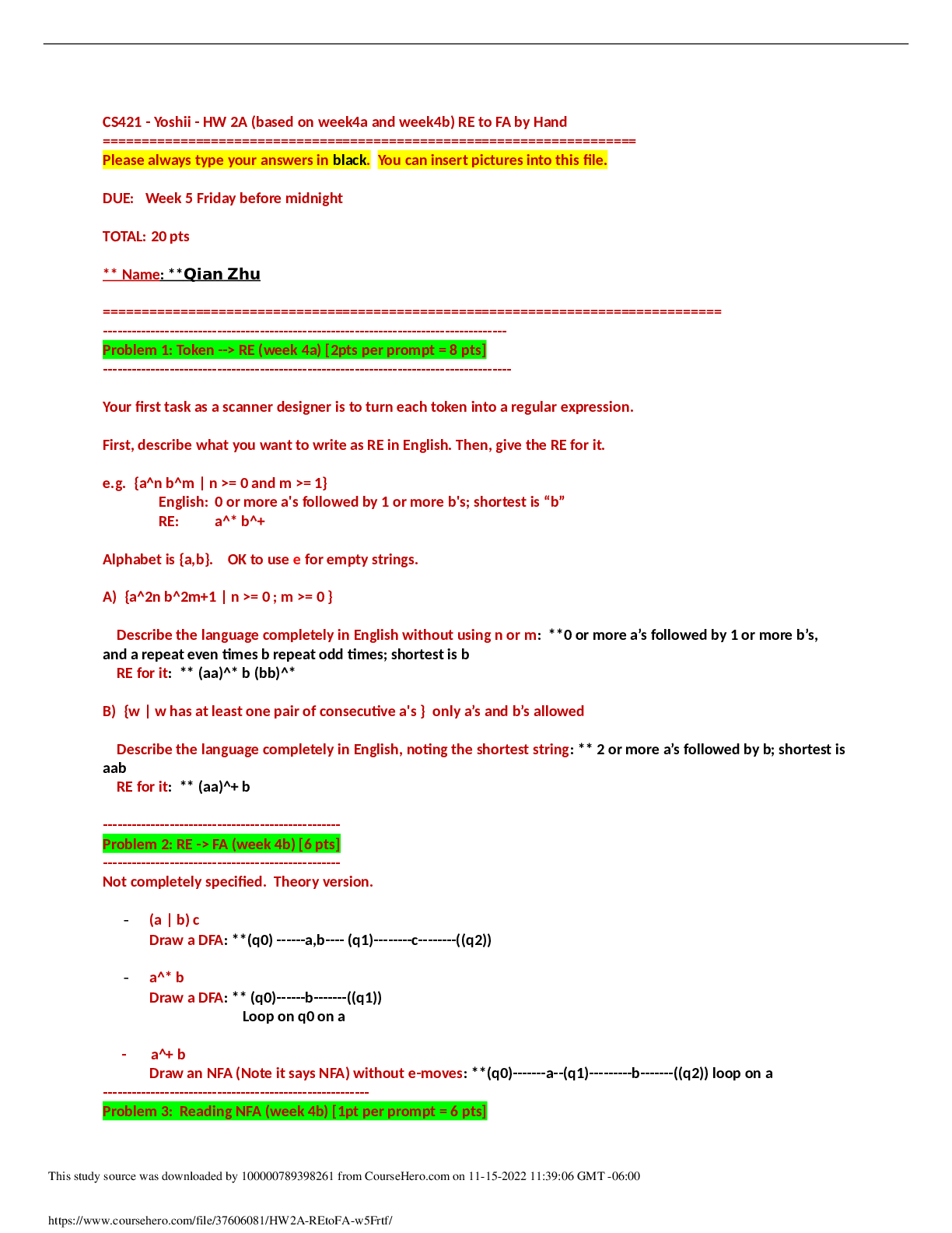 Preview image for CS 421 Theory of computing CS421  HW 2A (based on week4a and week4b) RE to FA by Hand | California State University, San Marcos